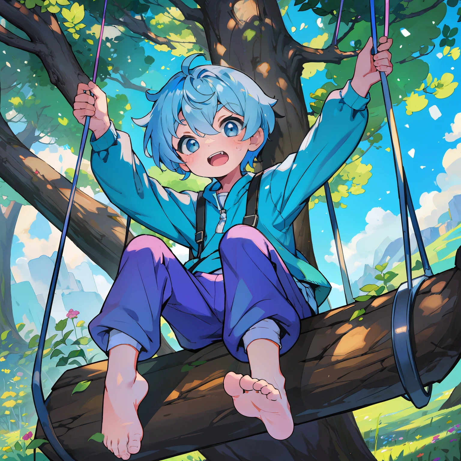 4K), Cute 7 year old little boy with small feet and short legs with light blue hair and barefoot and tight tight white sweatpants, Sits on a large swing under a tree in the meadow and shows his feet, Regentag, Nebel Licht, Impressionismus, 2D, Feet in focus,