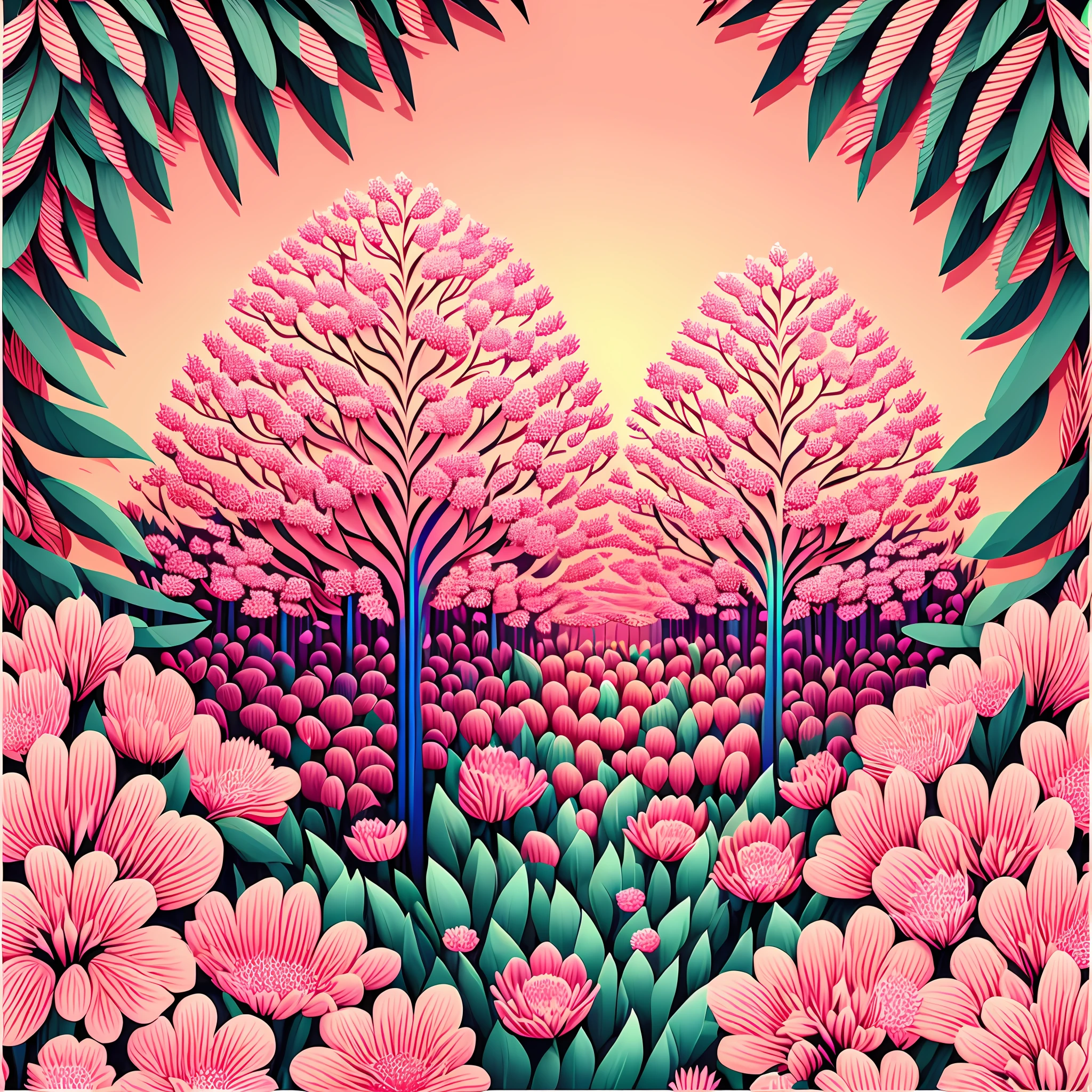 Seamless pattern of flowers and trees, Rainbow theme, repeating patterns design, fabric art, Flat illustration, rainbow core, highly detailed cleaning, Vector image, Photorealistic masterpiece, Professional photography, Simple pink field background, isometry, Bright vector --auto