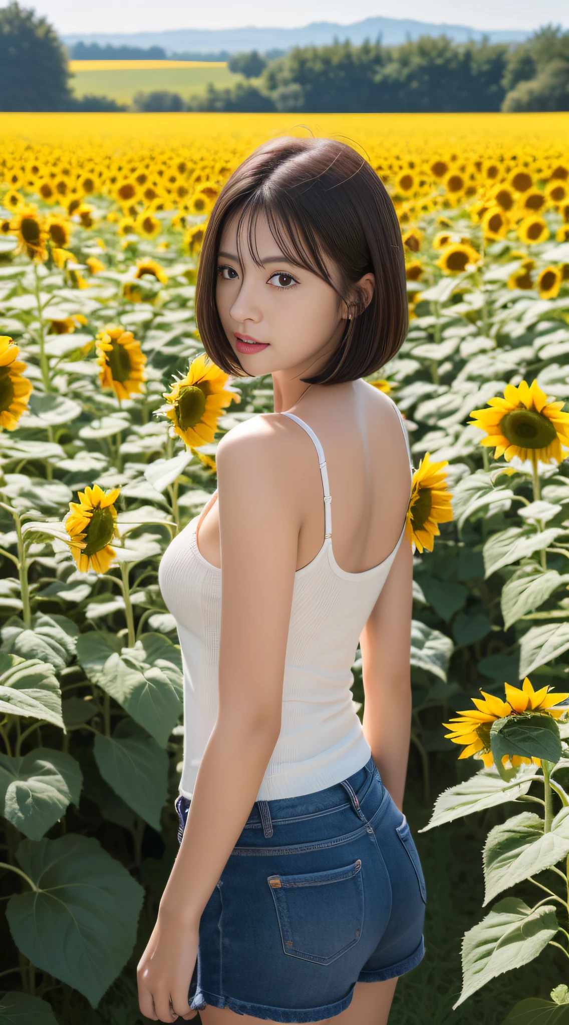 (8K、Raw photography、top-quality、​masterpiece:1.2)、(realisitic、Photorealsitic:1.37)、ultra-detailliert、超A high resolution、1 fair-skinned girl、large full breasts、bob cuts、beautifull detailed face、sunflowers fields、is standing、Tank Tops、shortpants、lensflare