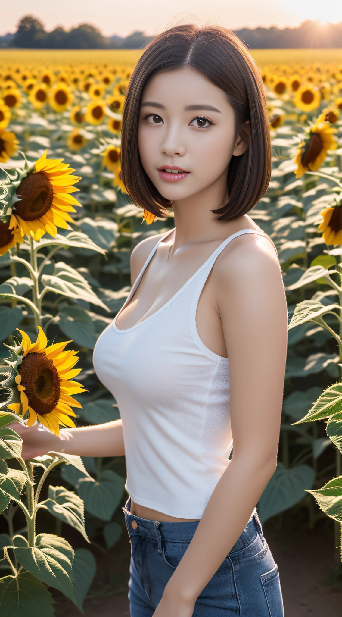 (8K、Raw photography、top-quality、​masterpiece:1.2)、(realisitic、Photorealsitic:1.37)、ultra-detailliert、超A high resolution、1 fair-skinned girl、large full breasts、bob cuts、beautifull detailed face、sunflowers fields、is standing、Tank Tops、shortpants、lensflare