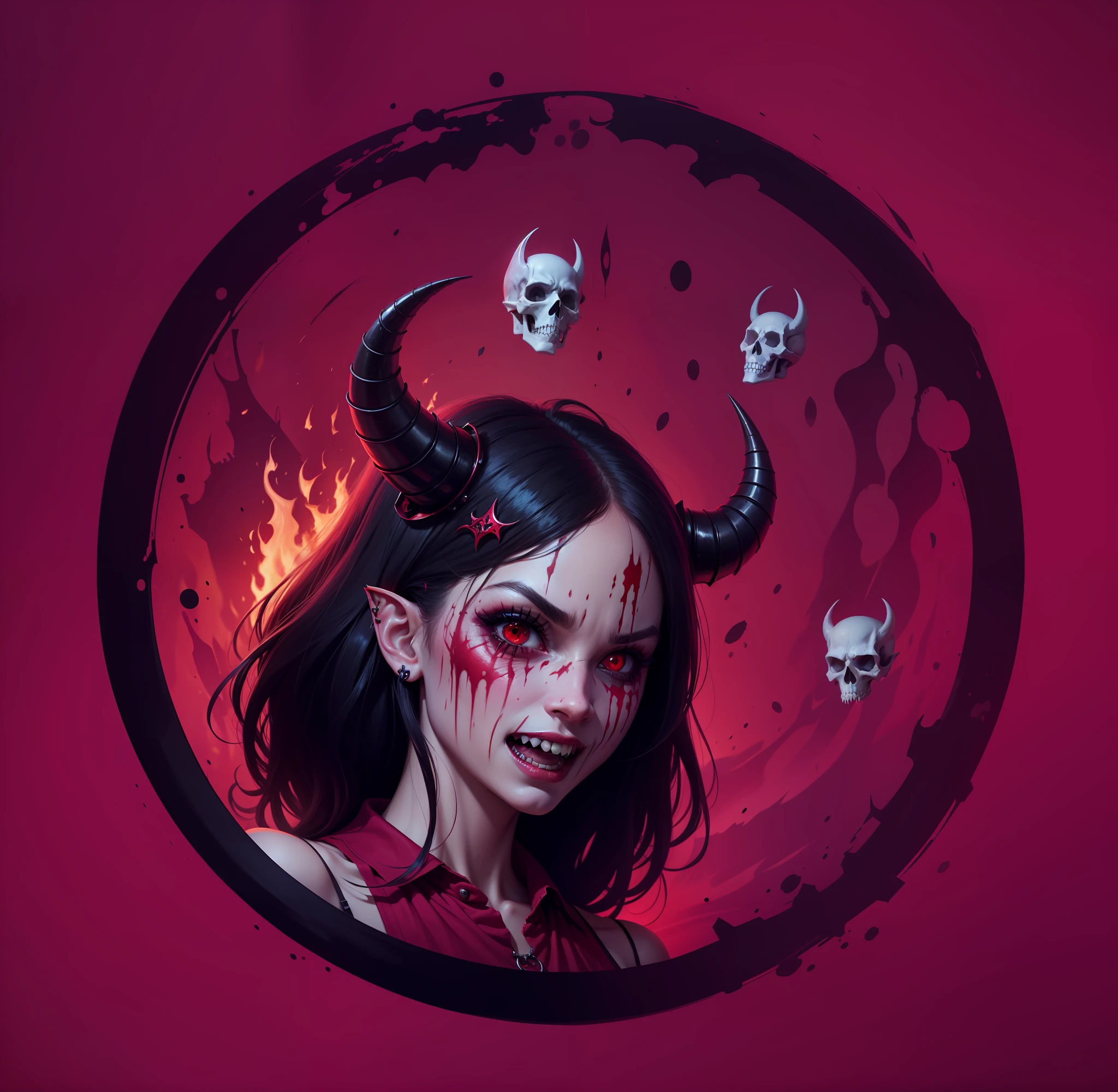 Lady vampire, Satanic, scream, scary, roar, grin, sharp teeth,red eyes, bloodshot eyes, elf ears, fire, skull, bloodhell, bloody circle, bloody face, Satanic horn, black lips, Gothic, 8k quality, realistic, raw photo,