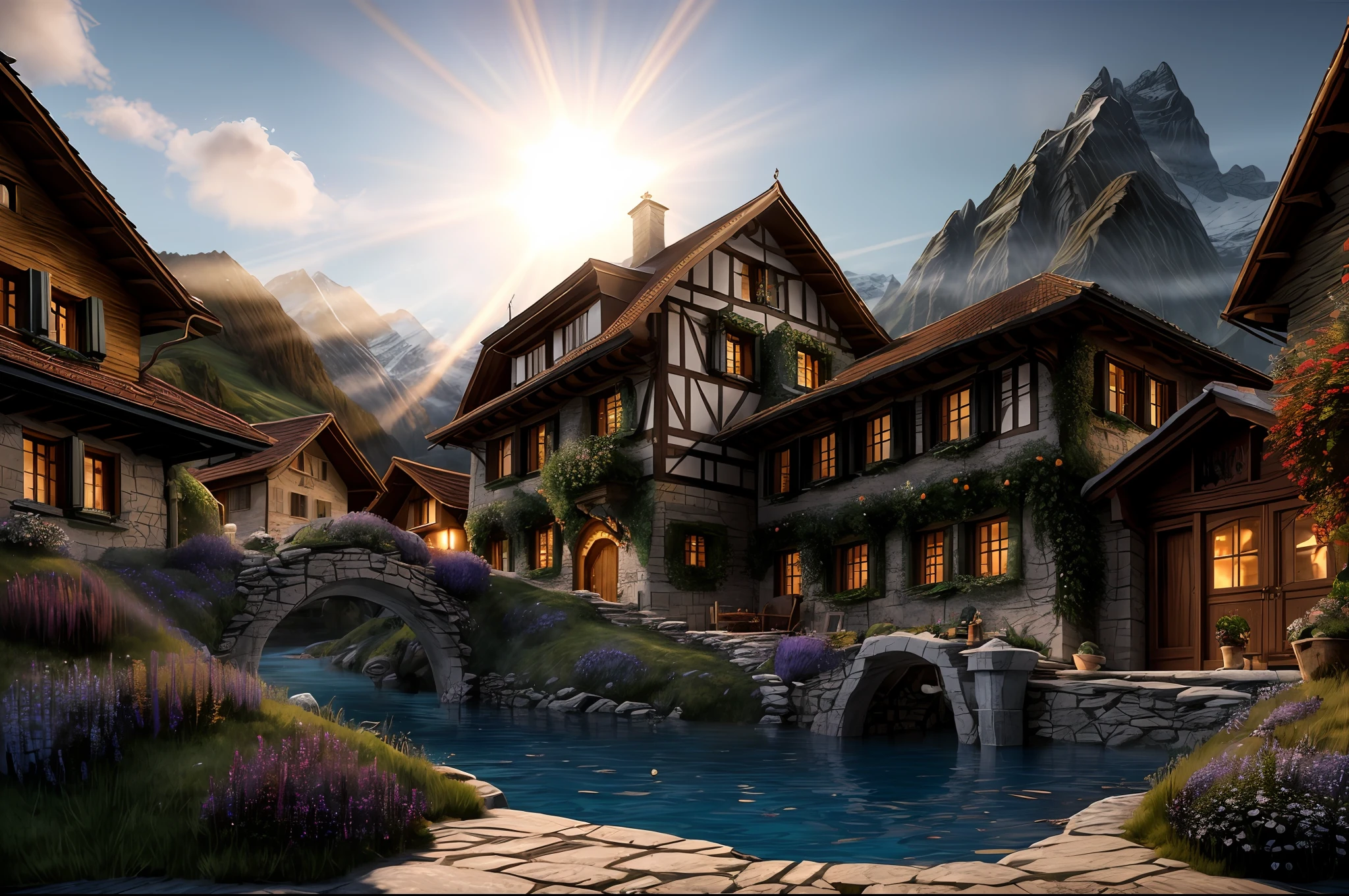 the hobbit, tolkien, a medieval village in switzerland with river and pool, ornate, beautiful, atmosphere, vibe, flowers, concept art illustration, greg rutowski, volumetric lighting, sunbeams, particles, oversaturate, intricate, volumetric lighting, beautiful, rich deep colors masterpiece, sharp focus, perfect composition, intricate detailed octane render perfect composition, beautiful detailed intricate insanely detailed, cinematic perfect light, chiaroscuro, masterpiece