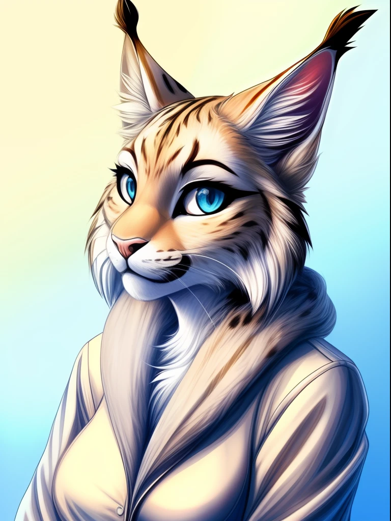 , mammal, solo, lynx, anthro, female, clothing, blue eyes, fur, canid, canine, white body, white fur, hi res, looking at viewer, felid, simple background, tuft, feline, clothed