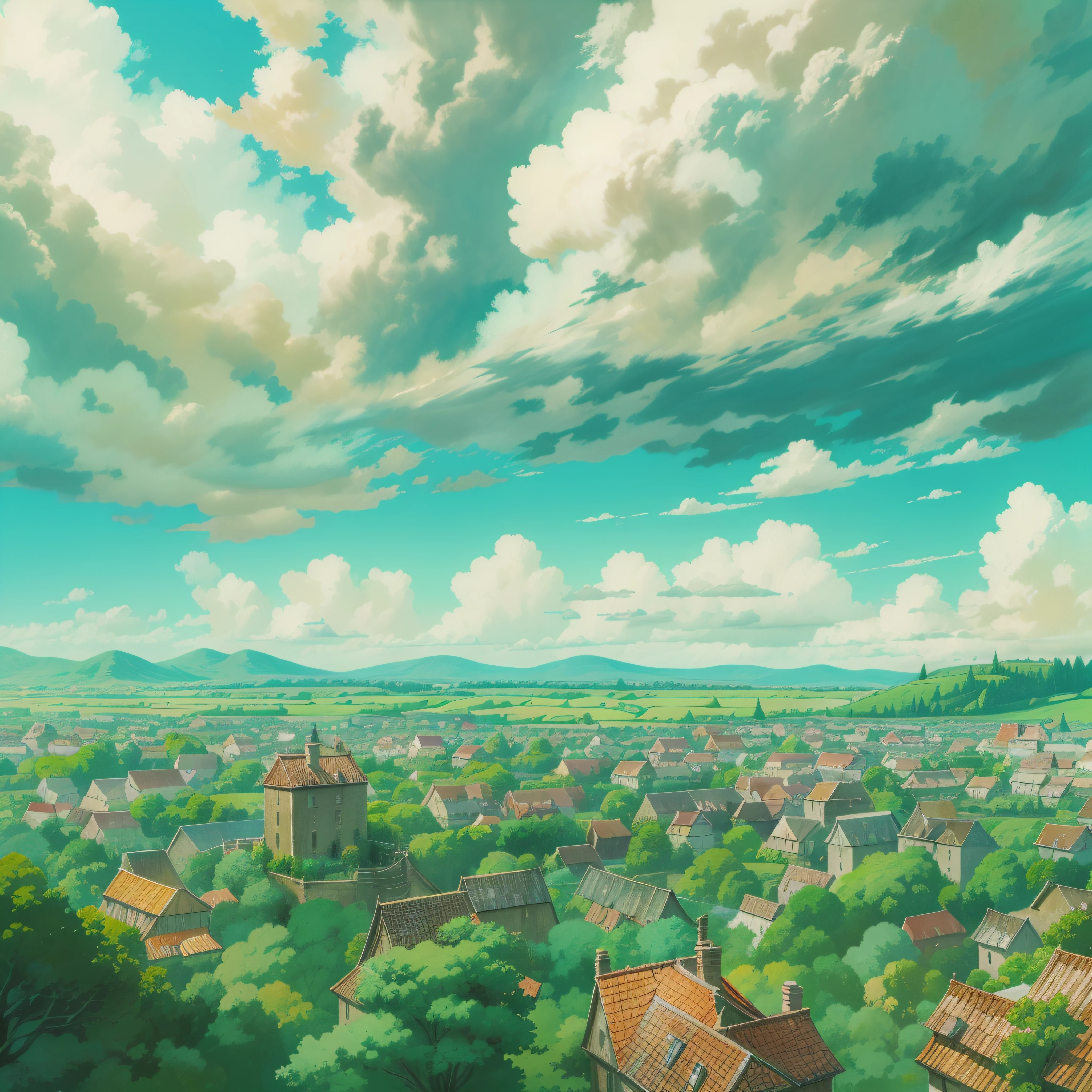 animesque、Skyscape with clouds、Landscape without buildings、You can see the touch of the brush、Studio Ghibli、Ghibli、a sultry、Scenery、Style、sky line