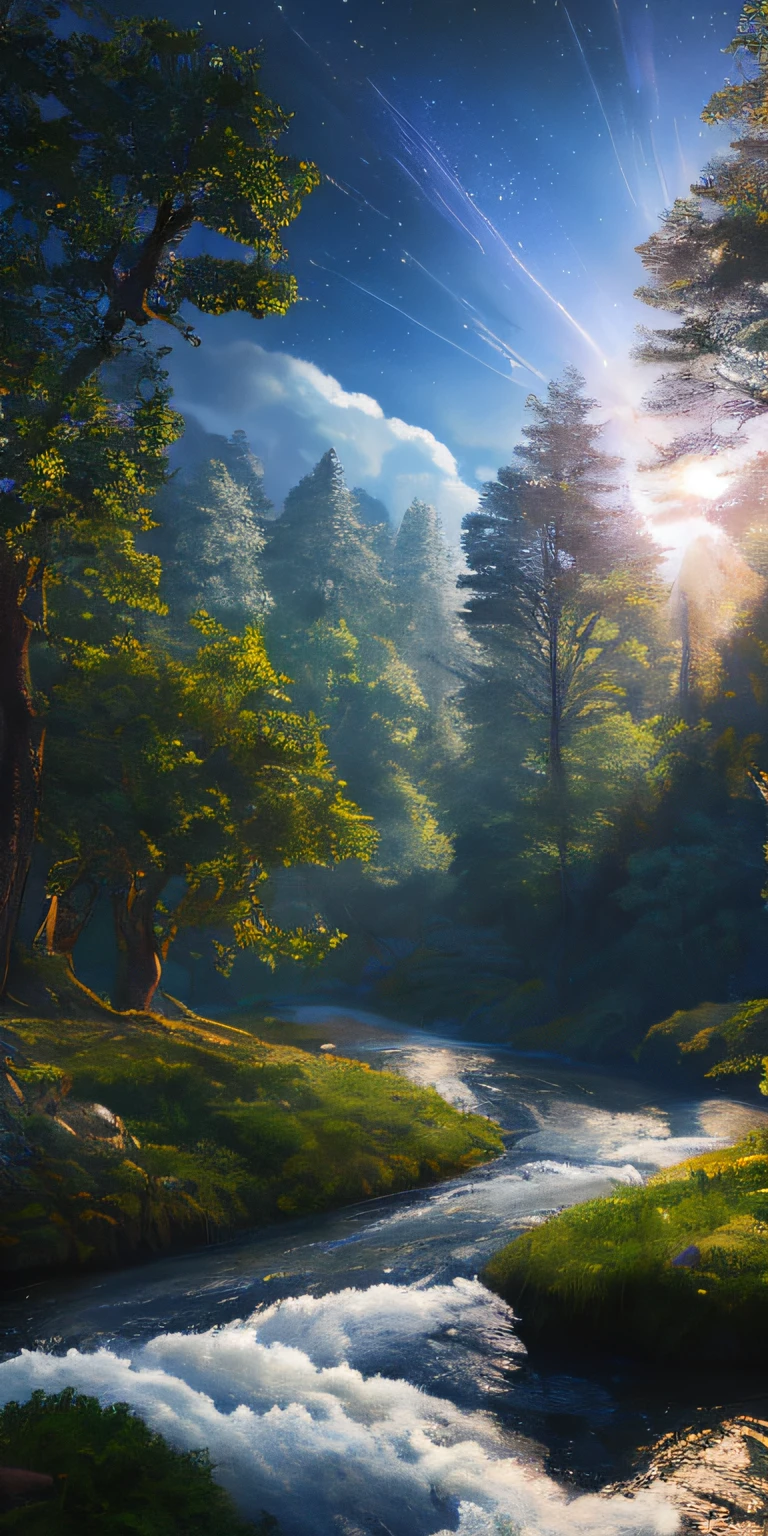 Illustration of a hyperrealistic , otherworldly, ultrasky scene featuring a giant crystal tree full body,very detailed and magical lighting, intricate forest details, vegetation and river around, solarpunk ,landscape, giant tree, beatifull leafy with beautiful lighting and realistic proportions, as if it were a cinematic background, 8k, highest quality, masterpiece, clouds and stars in the sky.