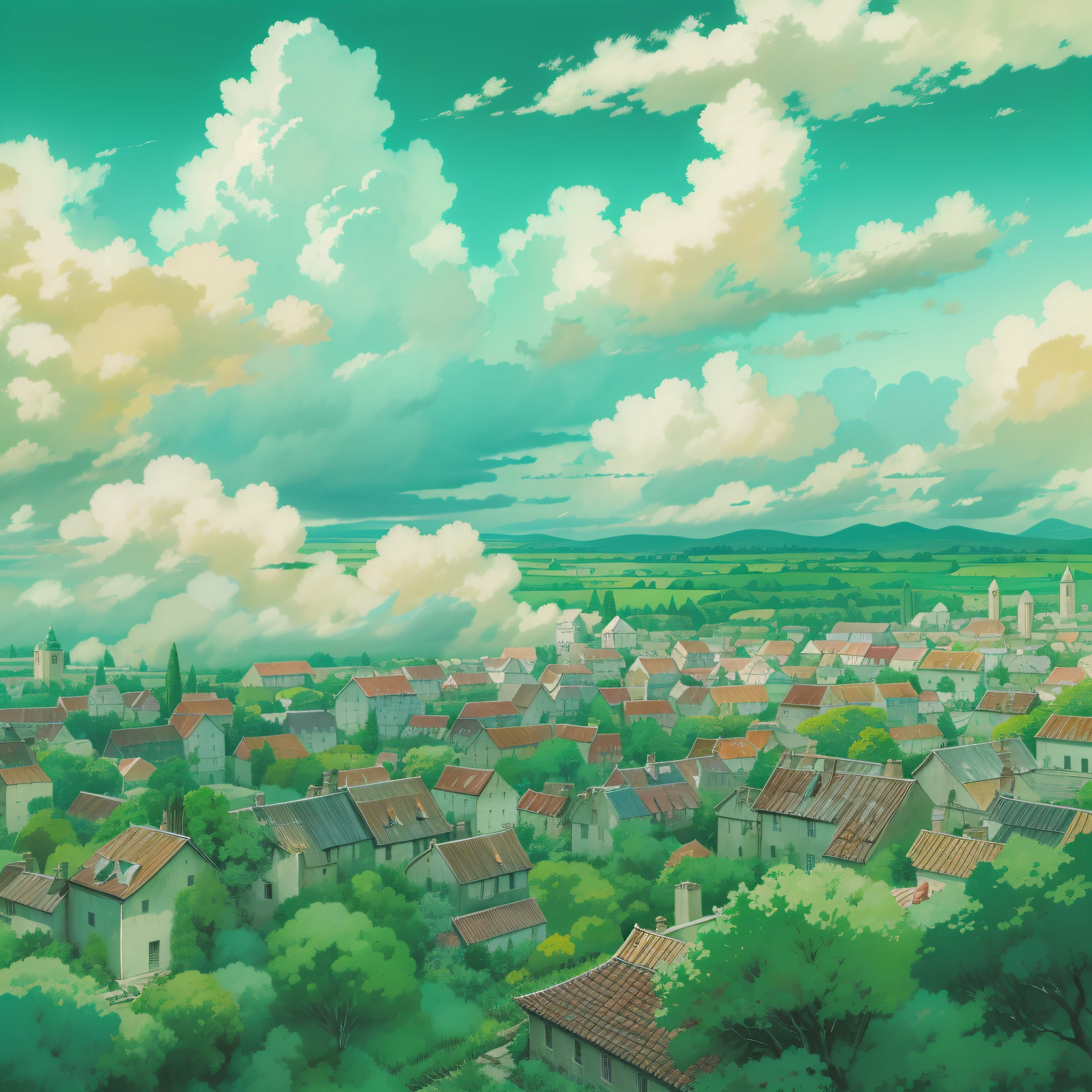 animesque、Skyscape with clouds、Landscape without buildings、You can see the touch of the brush、Studio Ghibli、Ghibli、a sultry、Scenery、Style、sky line