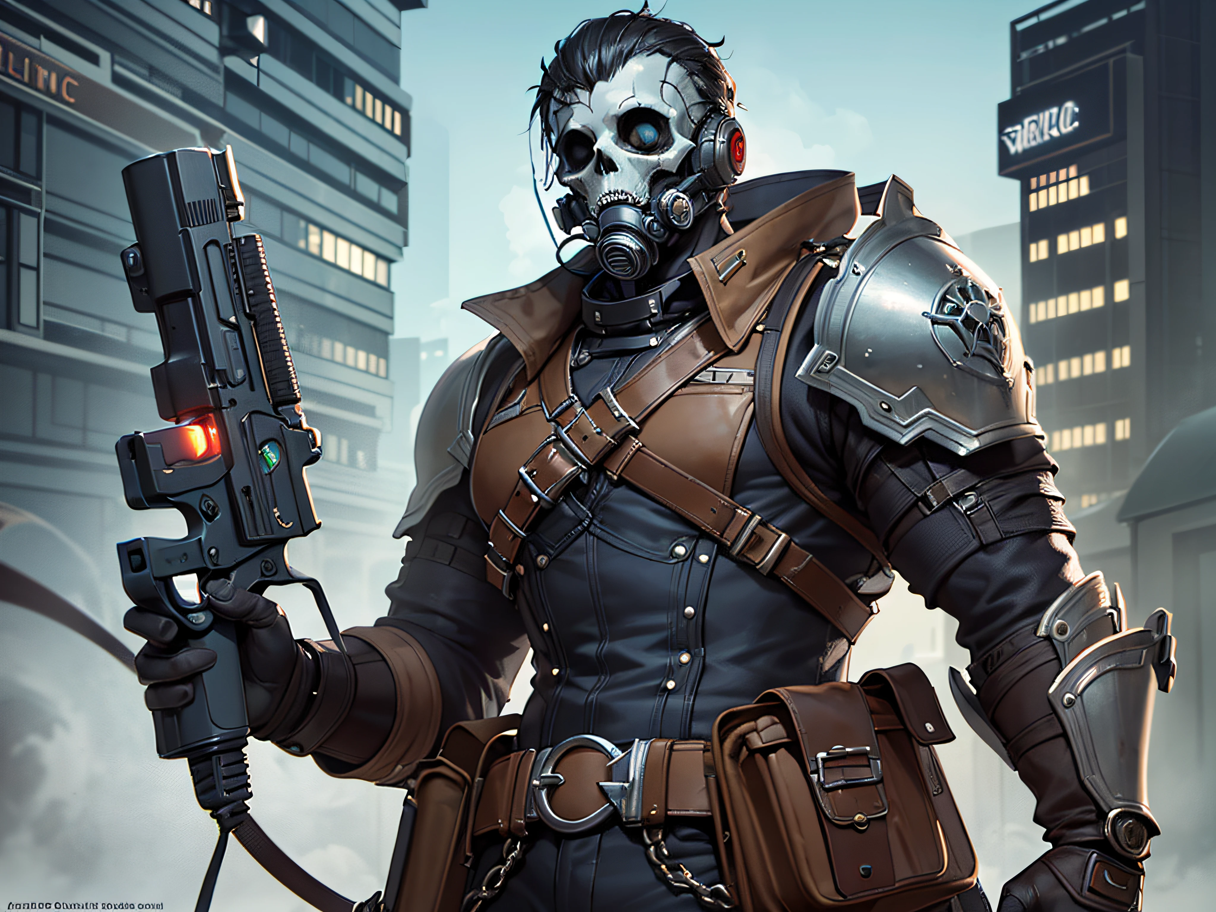 there is(((🧬))) a man in a gas 🚪mask holding a gun, epic sci - fi character art, epic sci-fi (((💀)))character art,(((🏚))) steampunk concept art, fps game concept art, edieselpunk armor, high quality digital concept art, muscle,