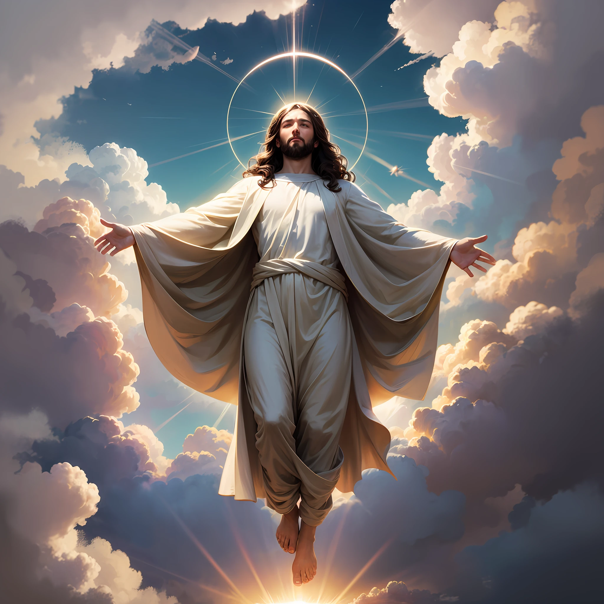 Jesus floating in the air on top of clouds with a light shining brightly on his face --auto --s2