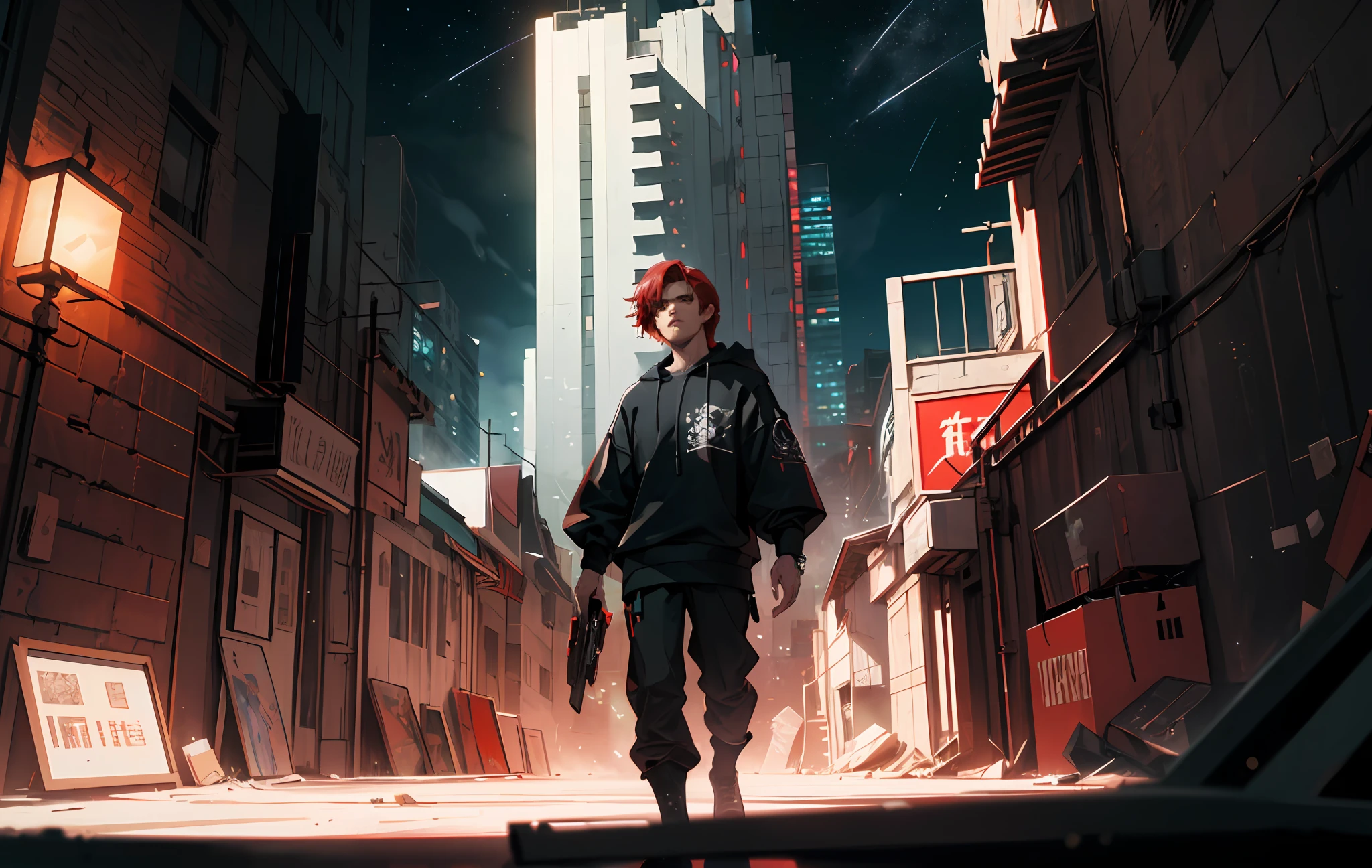 Smoke, (war:1.5), postapocalypse, ((Planets in the sky, stars in thr sky)), ((the night:1.5)), The ruined backdrop of the city, ((spaceship in the sky)), science-fiction, (sports body: 1.4), ((1male)), ( muscular male body), (sly look:1.3), (stands on the roof of the house), (short red hair:1.4), (Brown eyes:1.2), (Detailed eyes and face:1.3), (Cyberpunk clothes), (black clothing:1.3), black sweatshirt, Black pants, (Cyborg's left arm:1.3), (Bottles on the floor), cityFuture, (calm face:1.3), Destroyed skyscrapers, Wire, HDR (High Dynamic Range), ray traced, NVIDIA RTX, Over-resolution, Unreal 5, sub-surface Scattering, текстурирование PBR, postprocessed, Anisotropic filtering, Depth of field, Maximum clarity and sharpness, Multi-layer Textures, Albedo and specular maps, Surface shading,  Accurate Light-Material Interaction Simulation, Octane rendering, duotone lighting, Low ISO, White balance, the rule of thirds, Wide aperture, 8K RAW, efficient sub-pixel, sub-pixel convolution, (luminescent particles: 1.4), {{tmasterpiece, beste-Qualit, extremely detailed CGI, Unity 8k壁纸, 3d, 电影灯光, lens flares}},