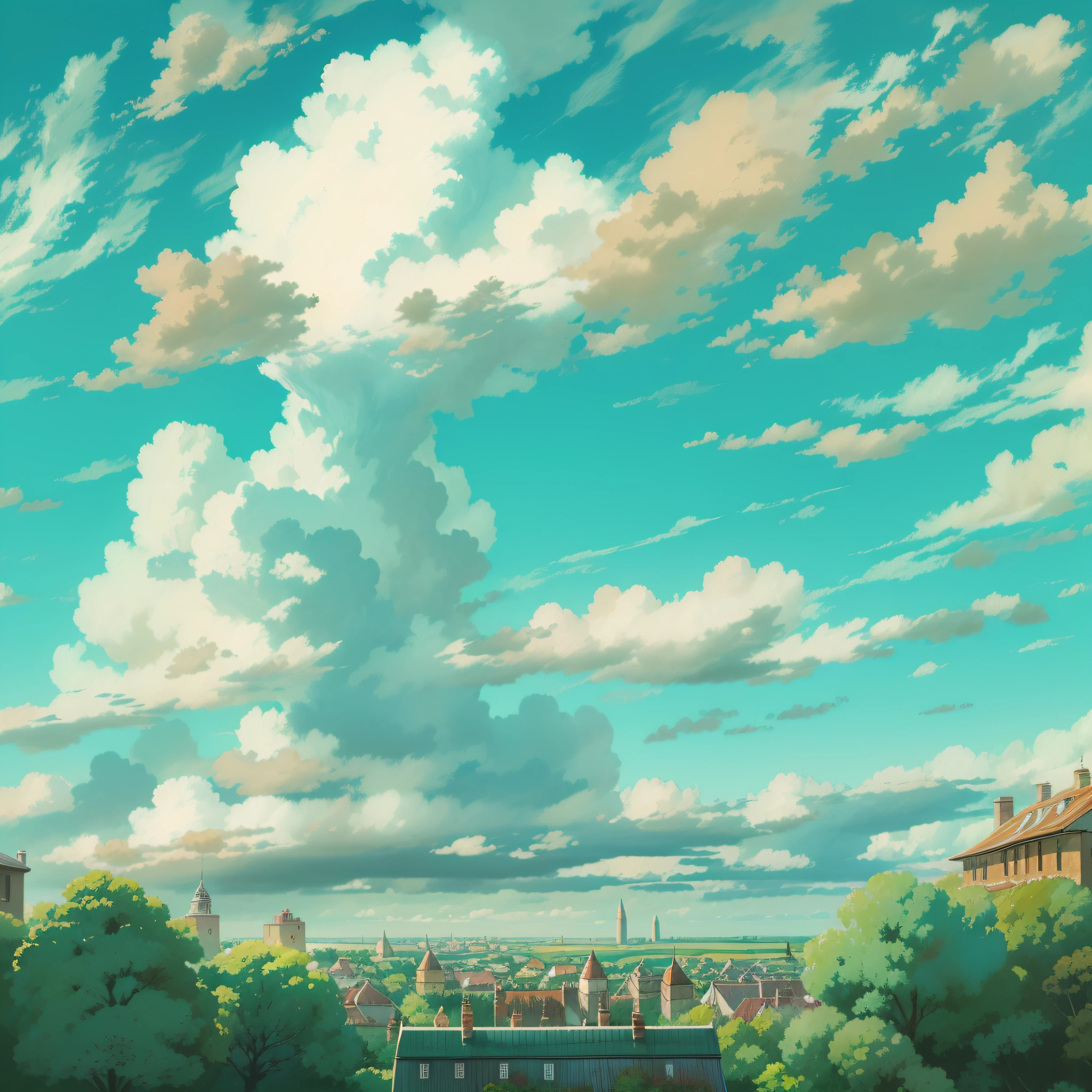 animesque、Skyscape with clouds、Landscape without buildings、You can see the touch of the brush、Studio Ghibli、Ghibli、a sultry、Scenery、Style、sky line