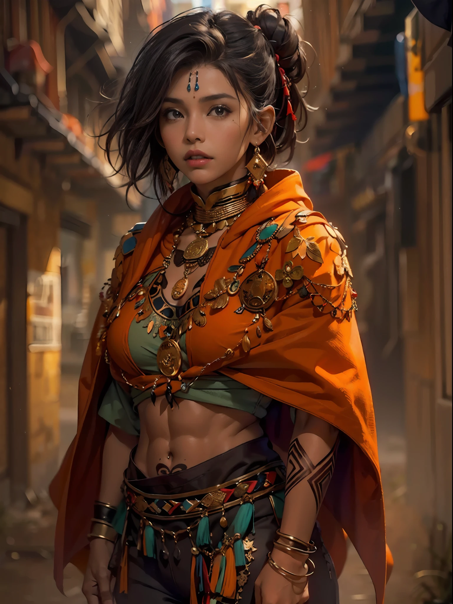 (Character: one mexican woman, mystic, brown skin, medium messy hair, abs, happy) 
(Clothing: orange inca poncho, inca pants, amulets, inca tattoos)
(dynamic pose)
(best quality, masterpiece),looking at viewer, upper body, blurry, dark alley)