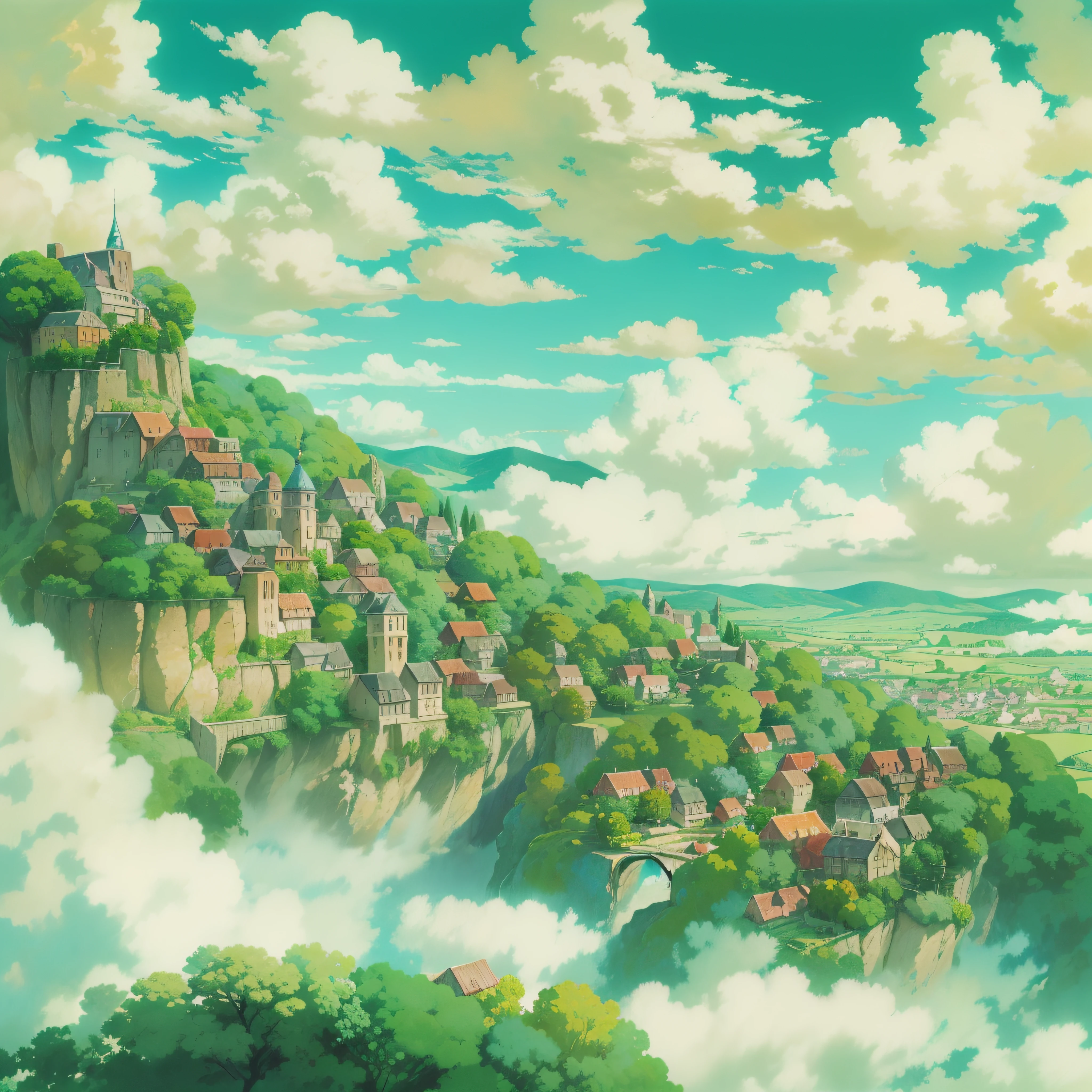 animesque、Skyscape with clouds、Landscape without buildings、You can see the touch of the brush、Studio Ghibli、Ghibli、a sultry、Scenery、Style、sky line