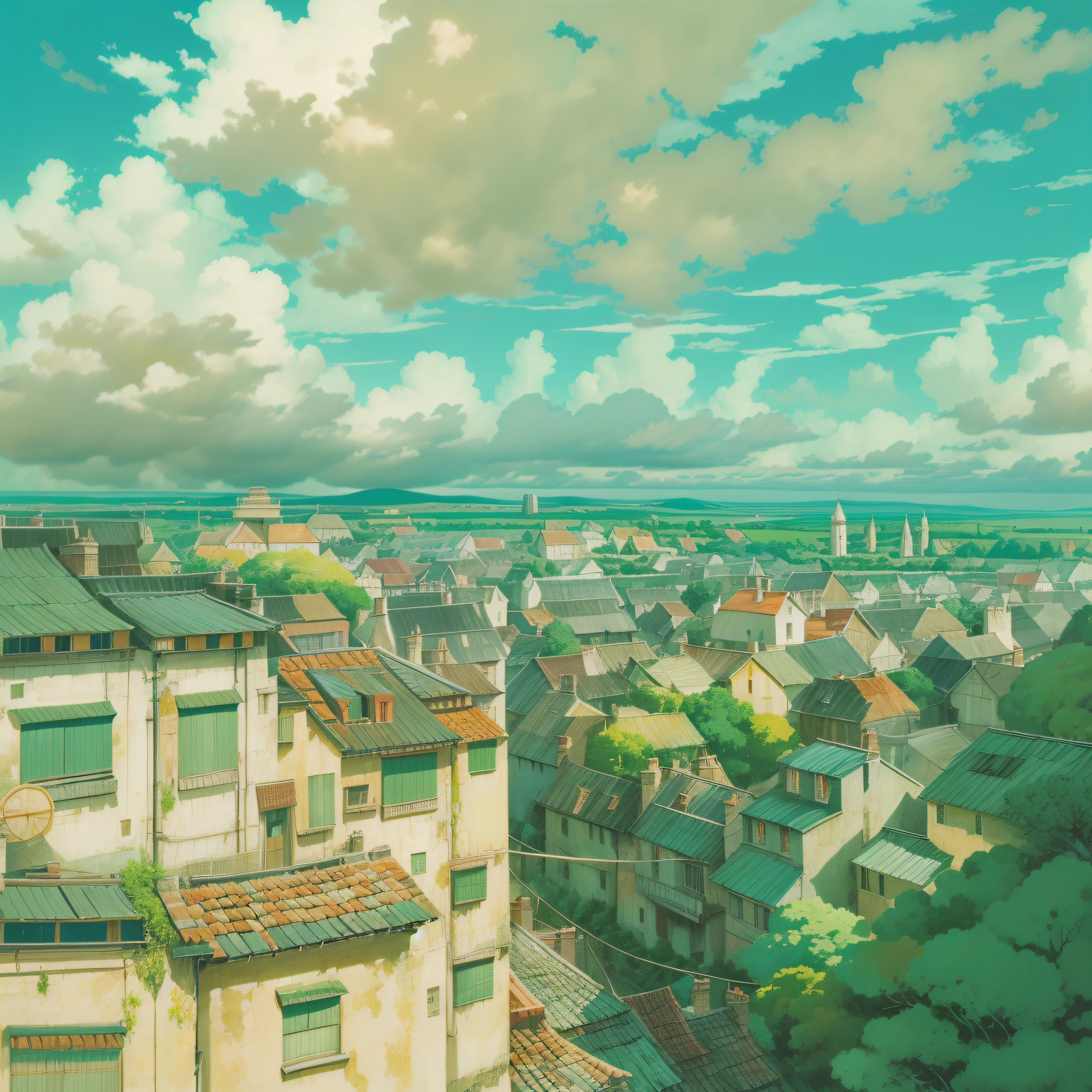 animesque、Skyscape with clouds、Landscape without buildings、You can see the touch of the brush、Studio Ghibli、Ghibli、a sultry、Scenery、Style、sky line