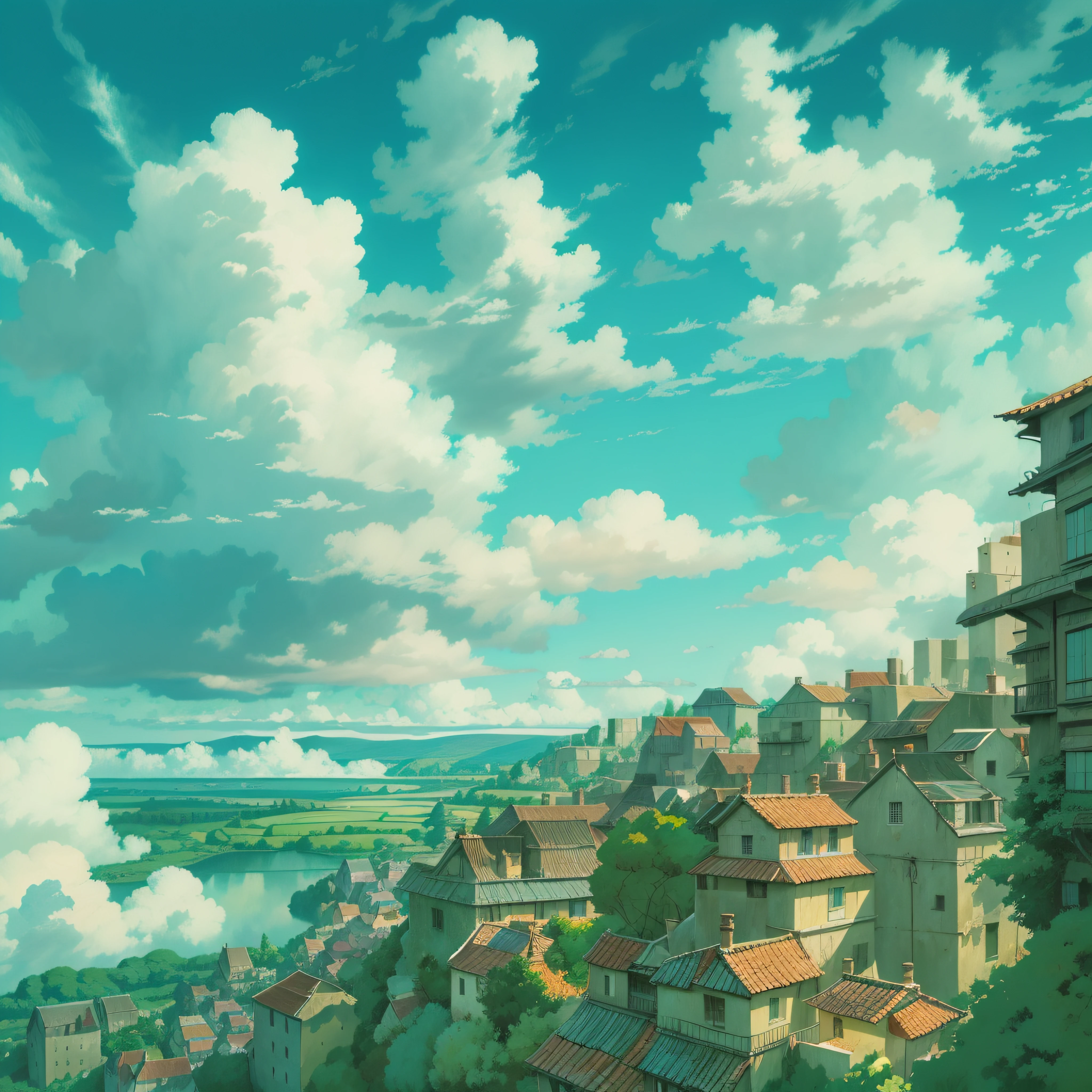 animesque、Skyscape with clouds、Landscape without buildings、You can see the touch of the brush、Studio Ghibli、Ghibli、a sultry、Scenery、Style、sky line