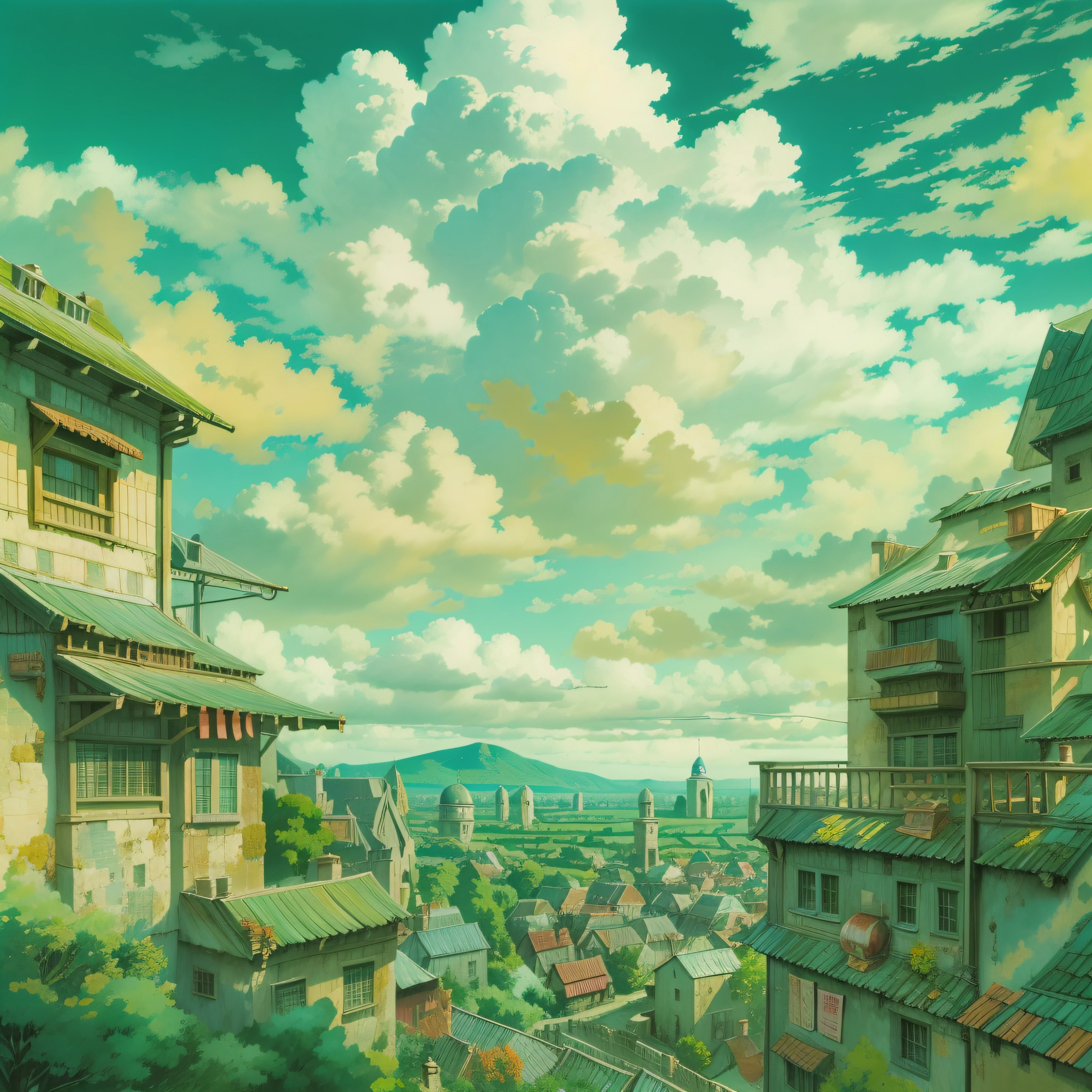 animesque、Skyscape with clouds、Landscape without buildings、You can see the touch of the brush、Studio Ghibli、Ghibli、a sultry、Scenery、Style、sky line