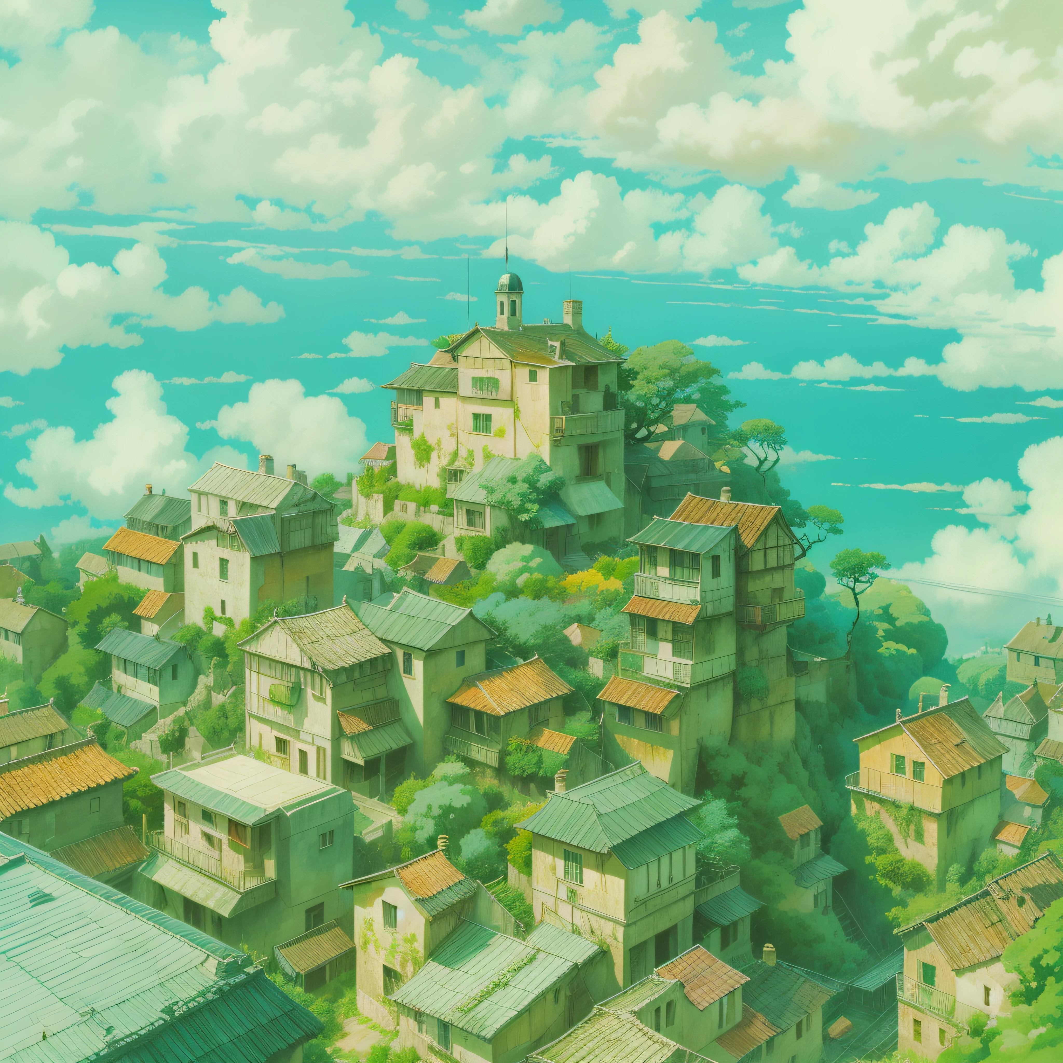 animesque、Skyscape with clouds、Landscape without buildings、You can see the touch of the brush、Studio Ghibli、Ghibli、a sultry、Scenery、Style、sky line