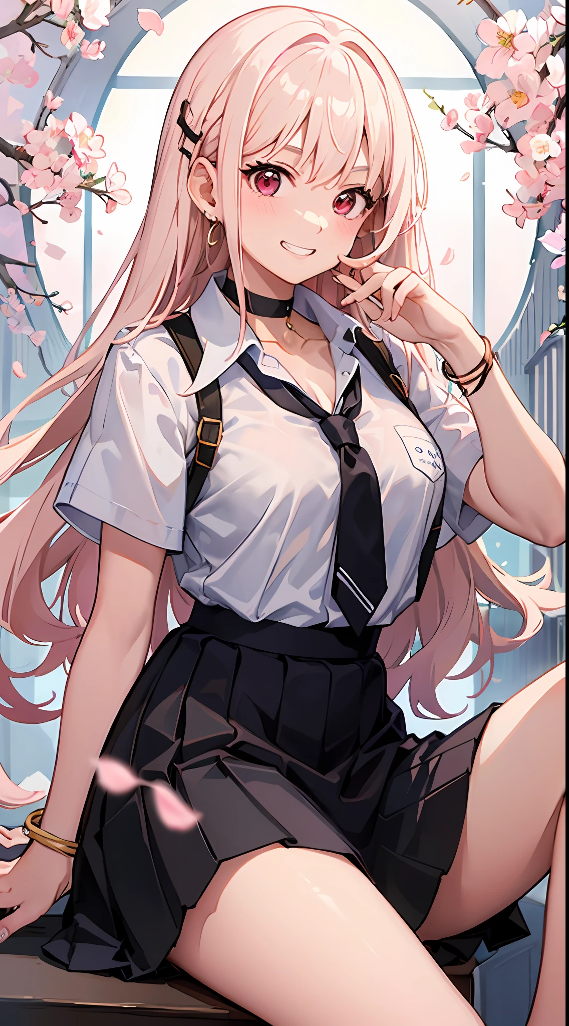 masterpiece,Marin Kitagawa, best quality, 1girl, long hair, bored, sitting, feet up, soles, forest bangs, black choker, black necktie, blonde hair, blue skirt, blush, bracelet, breasts, choker, clothes around waist, collarbone, collared shirt, cowboy shot, dress shirt, ear piercing, eyebrows visible through hair, gradient hair, grin, gyaru, jewelry, kogal, long hair, looking at viewer, loose necktie, necktie, piercing, plaid, plaid skirt, pleated skirt, red eyes, ring, school uniform, shirt, skirt, smile, solo, white shirt, street, sky, cherry blossoms, petals, Pink hair,(比基尼)