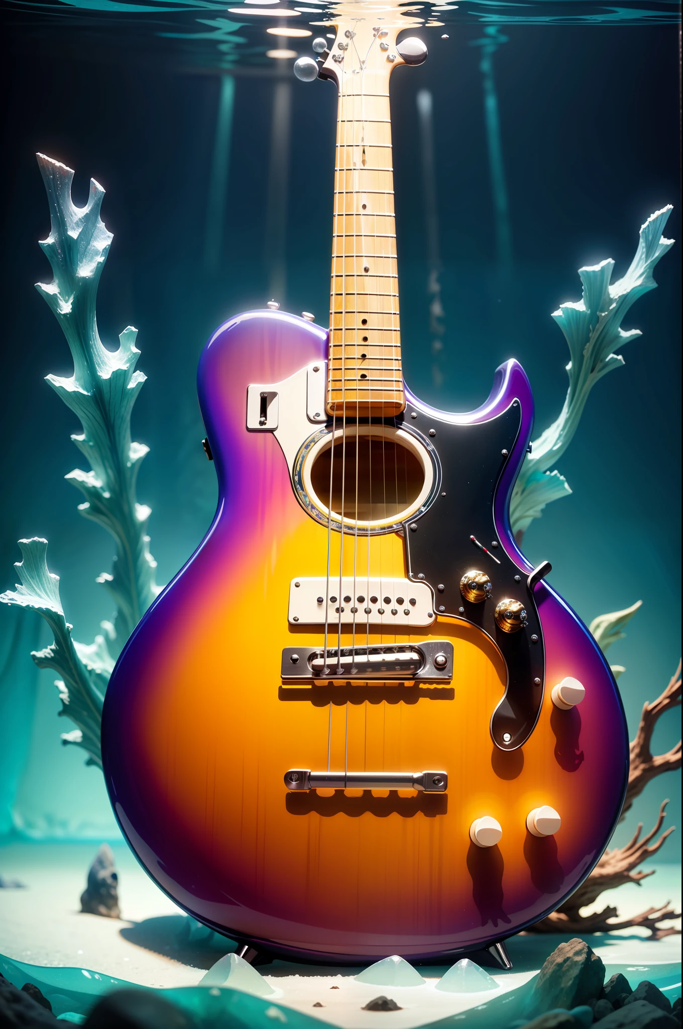 Ultra HD Vivid colors masterpiece ultra cinematic resolution.
The color guitar is the centerpiece of this digital image. She's frozen inside a transparent glass aquarium, with a thin layer of ice covering the entire surface of the guitar. The guitar strings are delicately intertwined with corals and algae that grow on the sides and bottom of the aquarium, forming a vibrant underwater backdrop.
The aquarium is illuminated by a soft blue light that reflects off the ice and walls of the aquarium, creating a dazzling effect. Several colorful fish swim around the guitar, admiring the beauty of the scene.
The detail of the image is incredible, with each guitar string detailed to perfection and the freezing effect of the colors is stunning. The resolution of the image is 16k, allowing you to visualize every detail with stunning clarity.