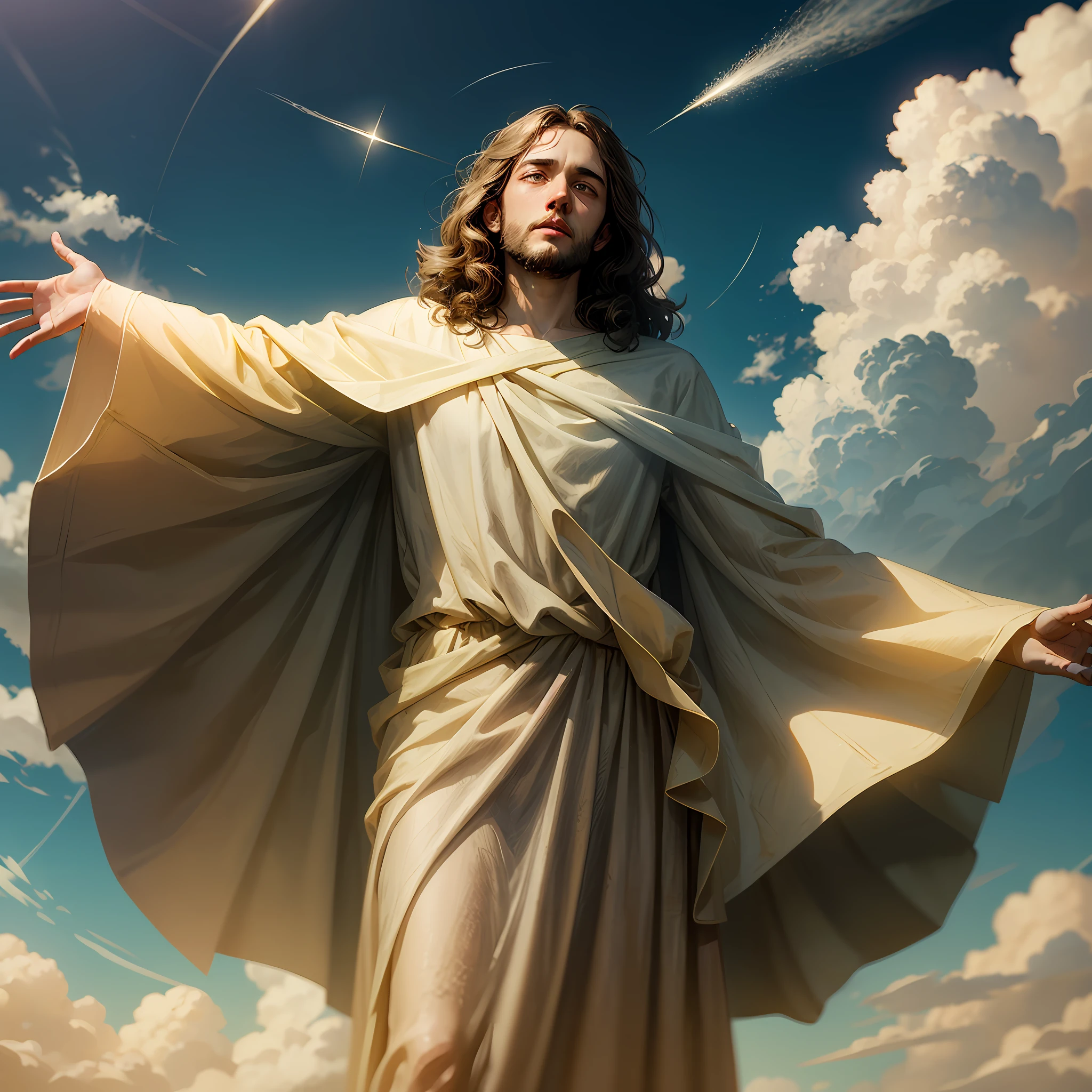 Jesus floating in the air on top of clouds with a light shining brightly on his face --auto --s2