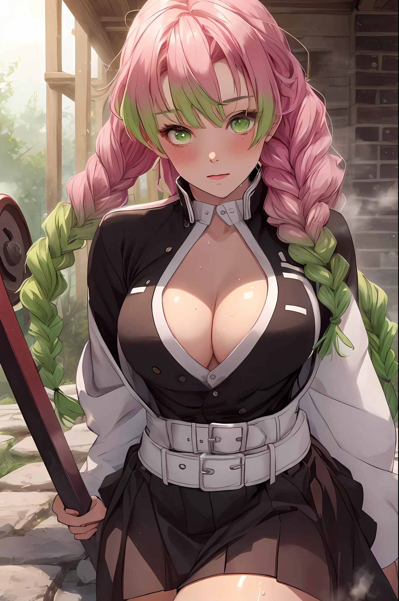 beautiful, (best quality, masterpiece, super detailed: 1.5), perfect lighting, shiny, hires, nature, cobblestone, steam, blue sky, in the distance, whole body, face focus, 1girl, Mitsuri (demon slayer), beautiful girl, beautiful face ((Mitsuri (demon slayer))), a girl with long green-pink gradient hair and green eyes in a long-sleeved jacket with a neckline, white haori, a black skirt with a silver belt and green striped hips, pink hair, green hair, gradient hair, multicolored hair, long hair, bangs, double braids, green eyes, demon slayer uniform, long sleeve jacket, white haori, black skirt, silver belt, green striped thighs, blush, sweat, realistic, chest, wide hips, (thick barbells: 0.9), décolleté, standing, hands behind your back, viewer look, erotica