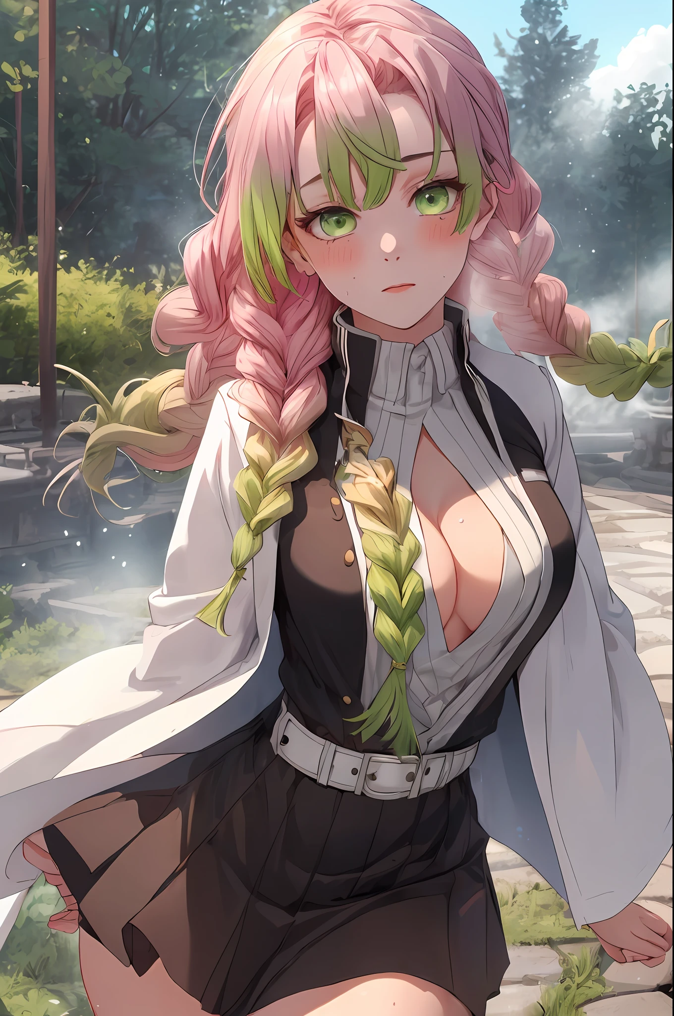 beautiful, (best quality, masterpiece, super detailed: 1.5), perfect lighting, shiny, hires, nature, cobblestone, steam, blue sky, in the distance, whole body, face focus, 1girl, Mitsuri (demon slayer), beautiful girl, beautiful face ((Mitsuri (demon slayer))), a girl with long green-pink gradient hair and green eyes in a long-sleeved jacket with a neckline, white haori, a black skirt with a silver belt and green striped hips,   pink hair, green hair, gradient hair, multicolored hair, long hair, bangs, double braids, green eyes, demon slayer uniform, long sleeve jacket, white haori, black skirt, silver belt, green striped thighs, blush, sweat, realistic, chest, wide hips, (thick barbells: 0.9), décolleté, standing, hands behind your back, viewer look, erotica