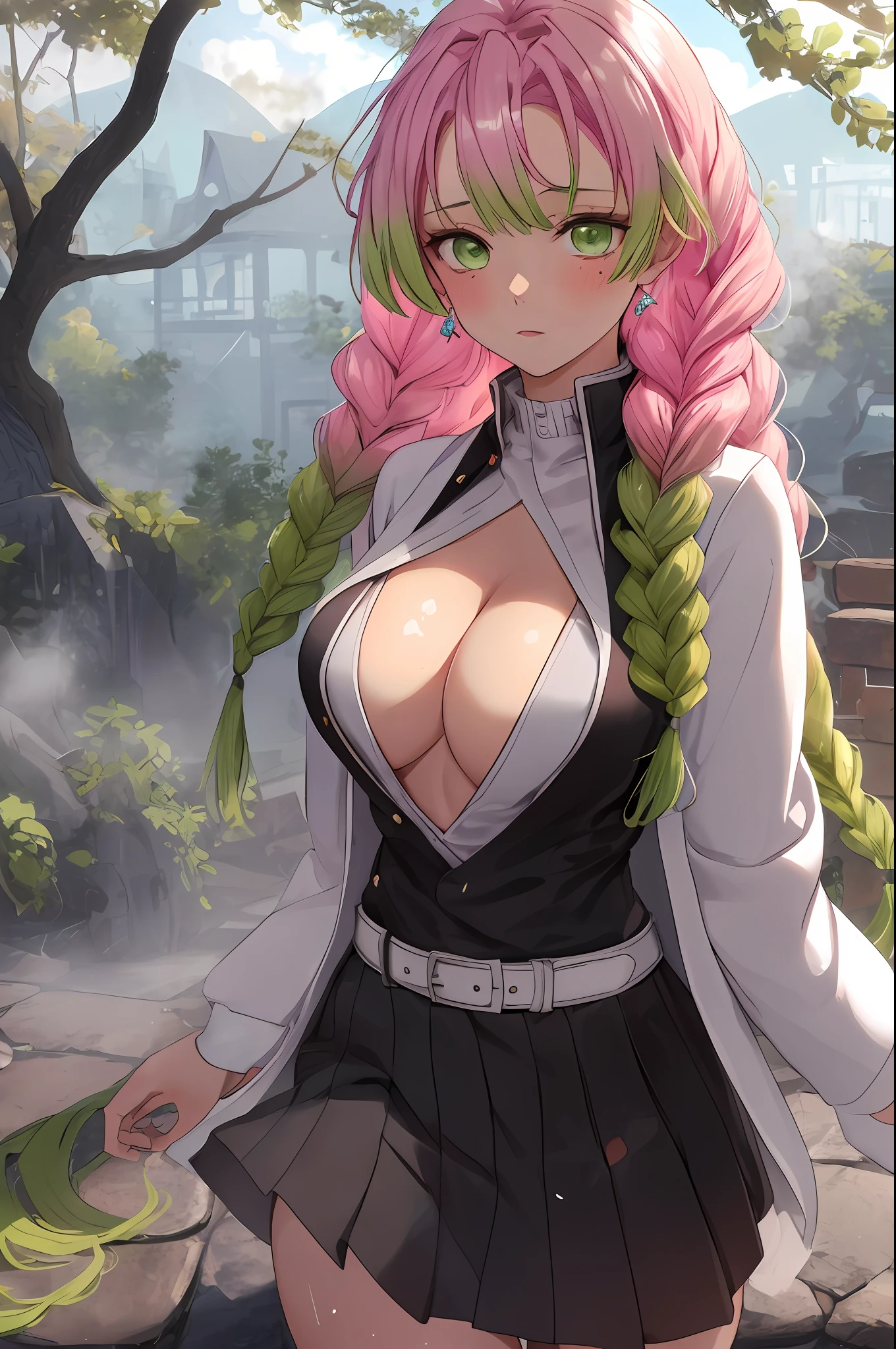 beautiful, (best quality, masterpiece, super detailed: 1.5), perfect lighting, shiny, hires, nature, cobblestone, steam, blue sky, in the distance, whole body, face focus, 1girl, Mitsuri (demon slayer), beautiful girl, beautiful face ((Mitsuri (demon slayer))), a girl with long green-pink gradient hair and green eyes in a long-sleeved jacket with a neckline, white haori, a black skirt with a silver belt and green striped hips,   pink hair, green hair, gradient hair, multicolored hair, long hair, bangs, double braids, green eyes, demon slayer uniform, long sleeve jacket, white haori, black skirt, silver belt, green striped thighs, blush, sweat, realistic, chest, wide hips, (thick barbells: 0.9), décolleté, standing, hands behind your back, viewer look, erotica