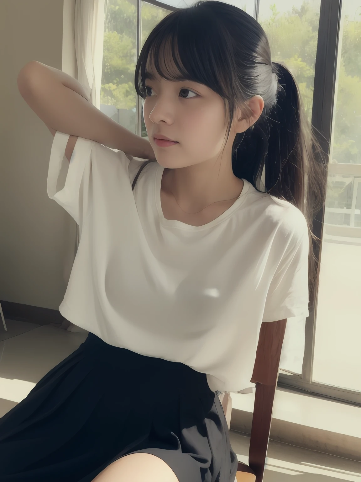 schoolgirl in school uniform、extremely realistic photographs、young japanese girl、Girl in school uniform、Thin white t-shirt、thin skirt、Girls who endure the heat、Young features、Sweat running down the nape of the neck、Drops of sweat dripping from the chin、Glistening sweat on wet arms and thighs、Slender thighs, Liquid wet arms and face、Joints are wet with sweat、Clothes stuck to sweat、There is a small puddle of sweat between the chair and the thigh of the foot、Sweat running down the inside of the skirt、Between the inner thighs、There is atmospheric convection like boiling、For close contact between chair and thigh、I feel like I'll squeeze it later、Sweat oozing from the shadows of clothes、Slender limbs、small tits、A dark-haired、Bangs clinging to sweat、Armpit sweat stains、Clothes are damp with sweat underneath、The skirt is damp from sweat on the inside of the skirt、Sunlight is shining in、Sweat slightly oozes on the skin、Teenage skin、Fine-grained skin、Clothes stuck to sweat、Sweat running down the inside of the thigh、Realistic skin、summer day、Wind blowing through the window at the back of the screen、Hair swaying in the wind、T-shirt swaying in the wind、Skirt movement swaying in the wind