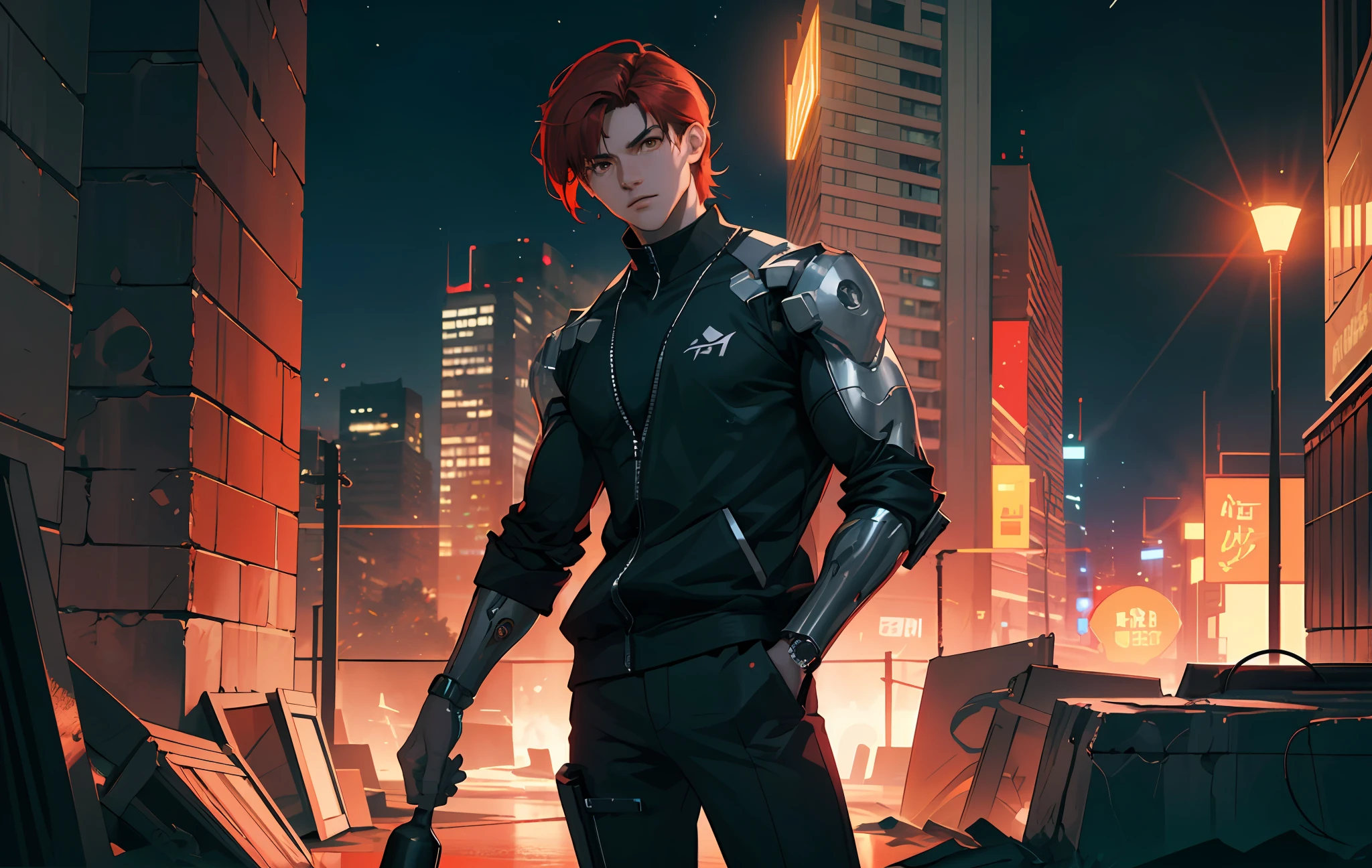 Smoke, (war:1.5), postapocalypse, ((Planets in the sky, stars in thr sky)), ((the night:1.5)), The ruined backdrop of the city, ((spaceship in the sky)), science-fiction, (sports body: 1.4), ((1male)), ( muscular male body), (sly look:1.3), (stands on the roof of the house), (short red hair:1.4), (Brown eyes:1.2), (Detailed eyes and face:1.3), (Cyberpunk clothes), (black clothing:1.3), black sweatshirt, Black pants, (Cyborg's left arm:1.3), (Bottles on the floor), cityFuture, (calm face:1.3), Destroyed skyscrapers, Wire, HDR (High Dynamic Range), ray traced, NVIDIA RTX, Over-resolution, Unreal 5, sub-surface Scattering, текстурирование PBR, postprocessed, Anisotropic filtering, Depth of field, Maximum clarity and sharpness, Multi-layer Textures, Albedo and specular maps, Surface shading,  Accurate Light-Material Interaction Simulation, Octane rendering, duotone lighting, Low ISO, White balance, the rule of thirds, Wide aperture, 8K RAW, efficient sub-pixel, sub-pixel convolution, (luminescent particles: 1.4), {{tmasterpiece, beste-Qualit, extremely detailed CGI, Unity 8k壁纸, 3d, 电影灯光, lens flares}},