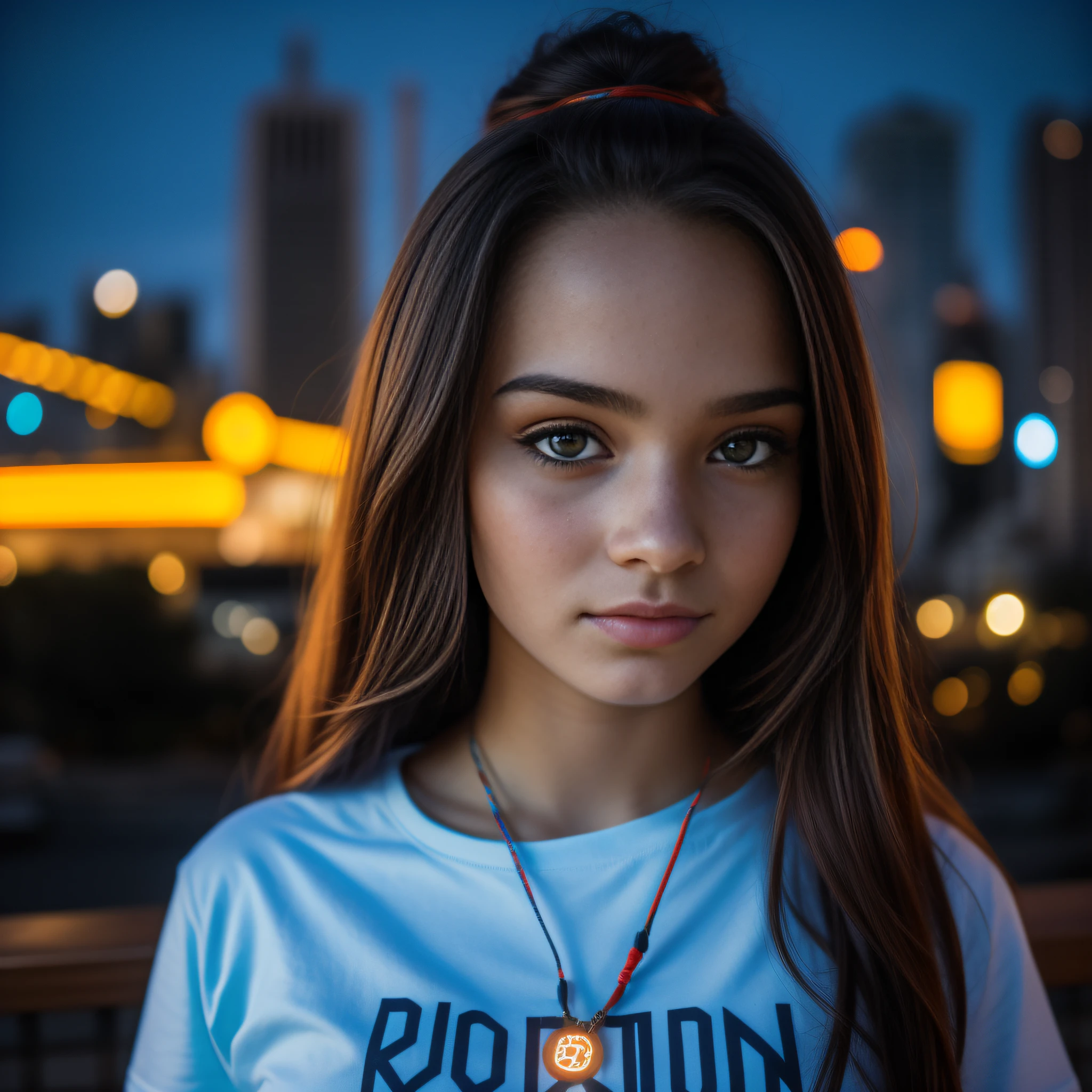 bonita de 17 anoe com cabelo branco longo, e com grandes olhos azuis bem juntos horizontalmente ao nariz ,rosto com formato redondo, com bochechas rosadas, com jaqueta preta,blusa preta,de batom vermelho,de oculos,Using a cord with bitcoin symbol ,in 100k resolution, in a city at night full of buildings illuminated with blue and red lights