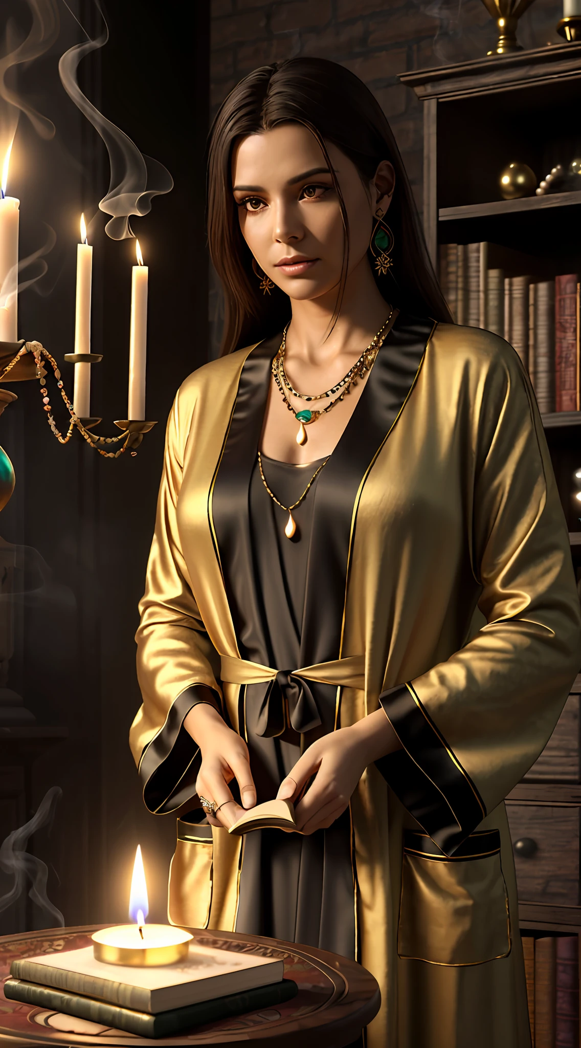 Photorealistic, real, final render, realistic, latin american, spiritual woman, mexican robes, brown cord thick jacket with wool, necklaces, stones and crystals, holding a book, burning incense, bracelets and jewels and rings, in a haunted house, dark scary horror, dim, candles