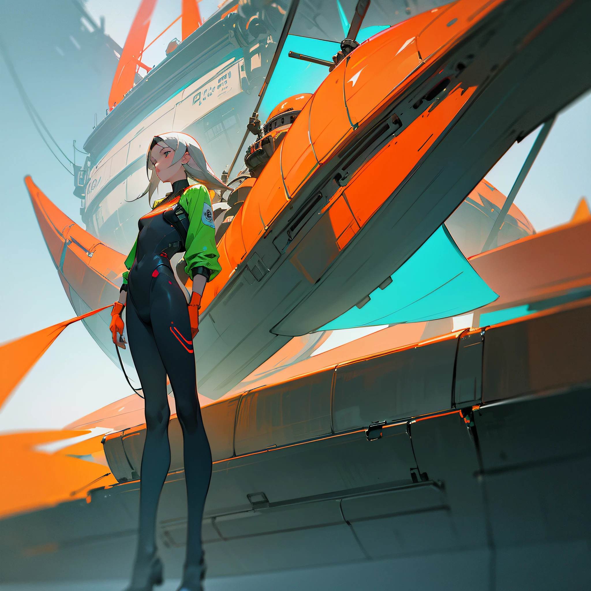 Hay una mujer vestida , olor rojo indio, color blanco, color negro, Neon yellow gray colors, con fondo blanco neon, blue neon, orange neon, , ultramoderna, standing next to an ultra-modern futuristic ship, objeto gigante, Bajo detalle. Pintura digital, WLOP y Krenz Cushart, cybernetic legs, inspirado por Craig Mullins, pies sensuales, pantorrillas contorneadas e ilustradas, Awesome Digital Illustration, inspirado por Krenz Cushart, CGsociety 9, concept art digital illustration, Pintura digital retrofuturista, inspirado por Mike Winkelmann, en el fondo un ambiente futurista de un paisaje moderno colorido. pattern, 2k, 2d, junquillo, Color rojo indio, color blanco, color negro, Neon yellow gray colors, con fondo blanco neon, blue neon, orange neon, red neon, pink neon, verde neon yellow neon, black, grey neon. --auto