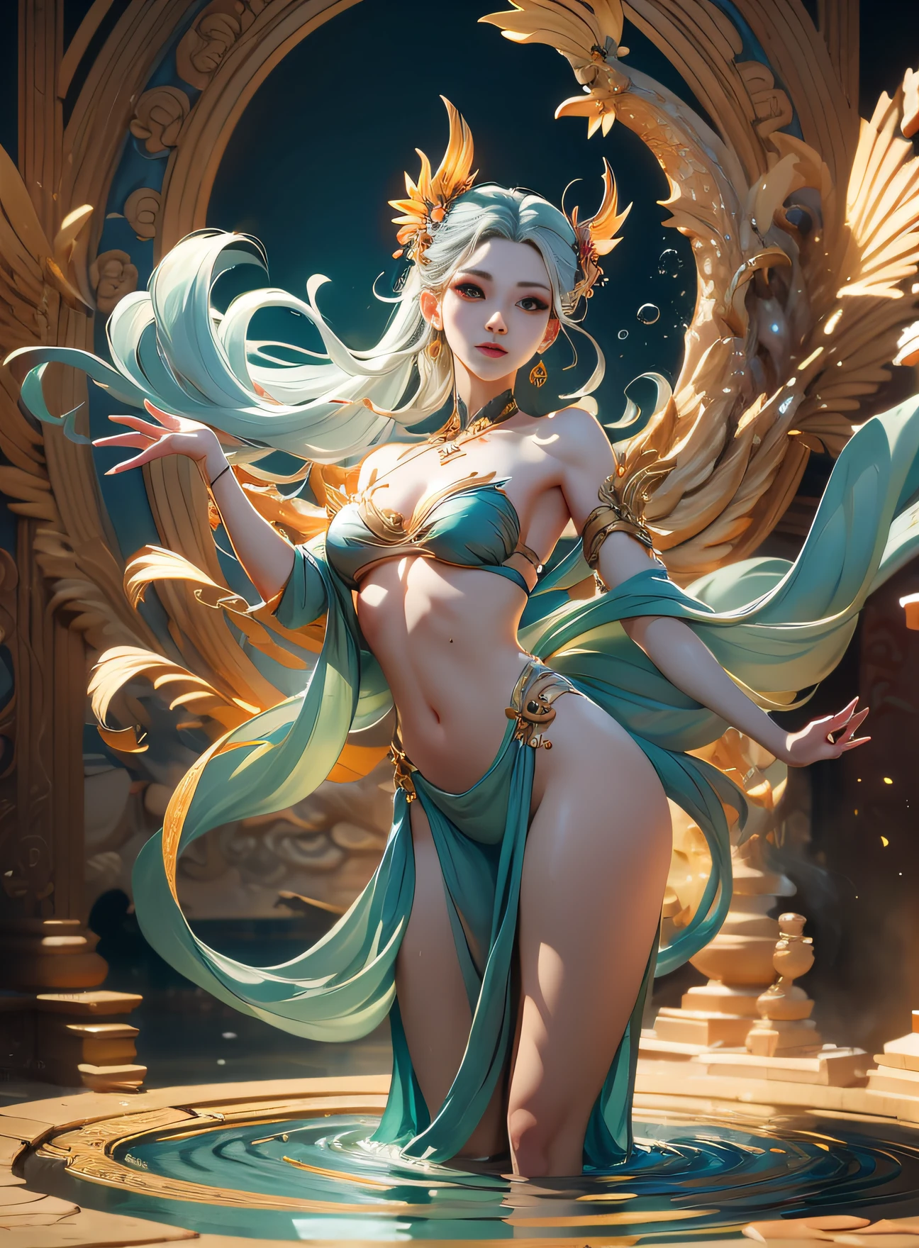 beautiful European Caucasian Girl, Beauty, sexy, bare breast, cleavage, bare legs, see-through, standing, hanfu, wet, clear, realistic, highest detail, dragon pattern, phoenix, sacred, holy, golden mountains, heavenly palace, countless palaces, clouds, golden light, golden lotus, (tianchi bath), view of pubic hair,splash, full body,art by Sakimichan,slight smile,plash,seductive pose, visible pubic hair, breasts visible,full body,Transparent clothing, slight smile,Jean-Baptiste Monge style, bright, beautiful , splash, Glittering , cute and adorable, filigree, , rim lighting, lights, extremely , magic, surreal, fantasy, digital art, , wlop, artgerm and james jean,floating antique clock, lamp ancient, splash,floating antique clock,face by tom bagshaw art station,, The perfect masterpiece,Highest quality,Perfect artwork,8K, Upper Body Lens,front portrait,Delicate face,Watching the audience, Mermaid Girl,Magical transparent eyes,white hair,Red background, Digital Art,plane illustrations,colorful illustration,minimalist style,anime cartoon style,