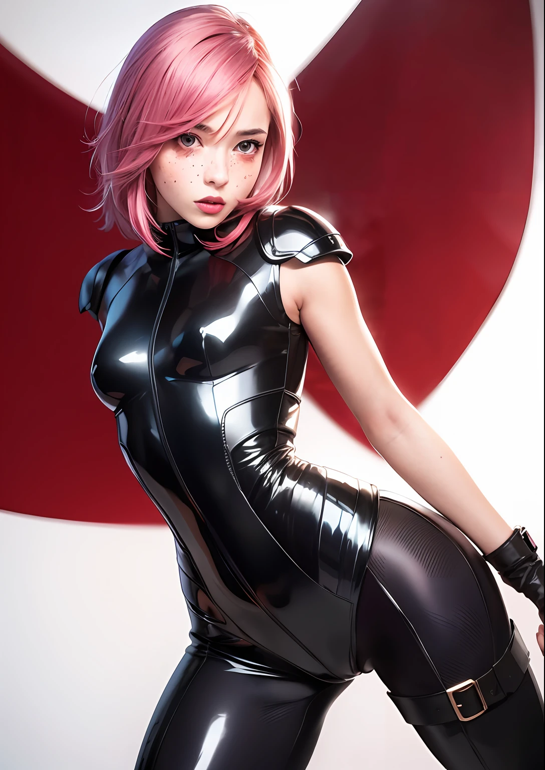 Octane Rendering,full view,8k --niji 5, (best quality, masterpiece, ultra-realistic), portrait of 1 beautiful girl, (head to toe full body image), 1girls, solo, (Bubblegum Crisis style body armor: 2.0), (Knight Saber body armor), female shape, robotic exoskeleton, sleek design, futuristic, late 90's anime style, smooth lines, powered exoskeleton, extremely stylized, deviant art, masterpiece, highly detailed, detailed eyes, expressive detailed eyes, detailed pupils, futuristic, blush, small breasts, lots of freckles, super textured detailed skin, entire body image, full body shot, Bubblegum Crash anime,