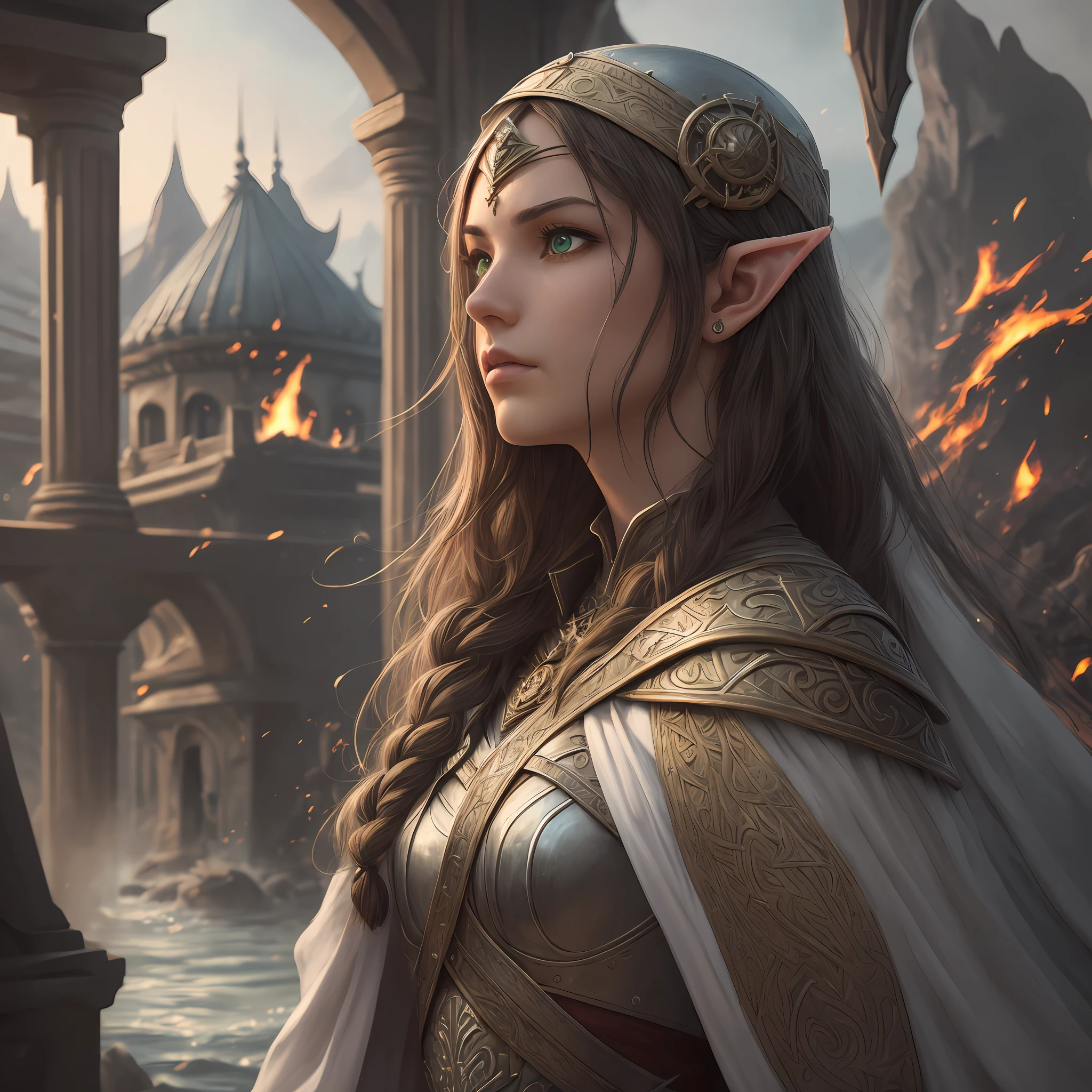 arafed, high details, best quality, 8k, [ultra detailed], masterpiece, best quality, (extremely detailed), dynamic angle, ultra wide shot, RAW, photorealistic, fantasy art, d&d art, a wide angle picture of a half elf cleric in  a temple near the lake, female, half elf (Masterpiece 1.5, intense details), black haired, green eyes, slightly pointed ears, braided hair, long hair (Masterpiece, intense details), cleric, templar (1.3 Masterpiece, intense details dnd art), casting a spell (1.4 Masterpiece, intense details dnd art), wearing white plate mail armor with sigils ( 1.5 Masterpiece, intense details), carrying flaming sword (Masterpiece 1.5, intense details), wearing white cloak with sigils (Masterpiece 1.4, intense details), holy symbol, standing near a lake (Masterpiece 1.5, intense details), dawn light, backlight, dynamic angle, reflection (1.5 Masterpiece, intense details) glowing light, high details , ray tracing, reflection light, silhouette, wide shot, panorama, Ultra-Wide Angle, high detail, award winning, best quality, HD, 8K, 3D rendering, high details, best quality, highres, ultra wide angle, 3D rendering, [[anatomically correct]]