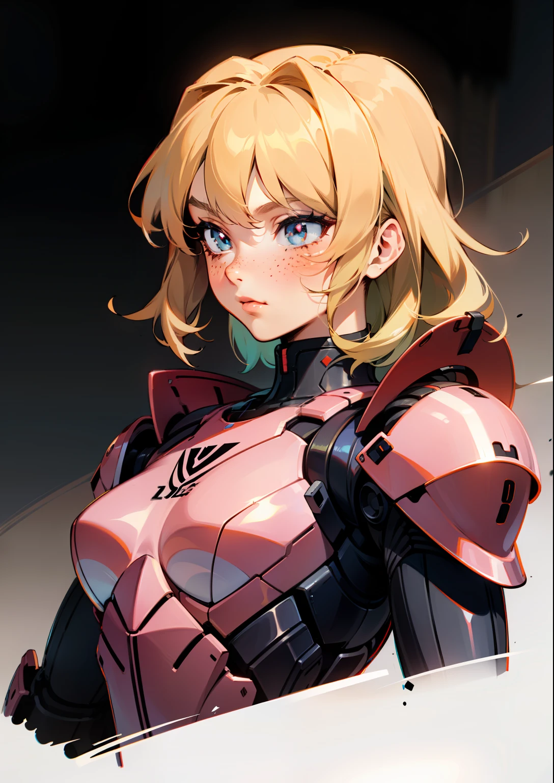 Octane Rendering,full view,8k --niji 5, (best quality, masterpiece, ultra-realistic), portrait of 1 beautiful girl, (head to toe full body image), 1girls, solo, (Bubblegum Crisis style body armor: 2.0), (Knight Saber body armor), female shape, robotic exoskeleton, sleek design, futuristic, late 90's anime style, smooth lines, powered exoskeleton, extremely stylized, deviant art, masterpiece, highly detailed, detailed eyes, expressive detailed eyes, detailed pupils, futuristic, blush, small breasts, lots of freckles, super textured detailed skin, entire body image, full body shot, Bubblegum Crash anime,