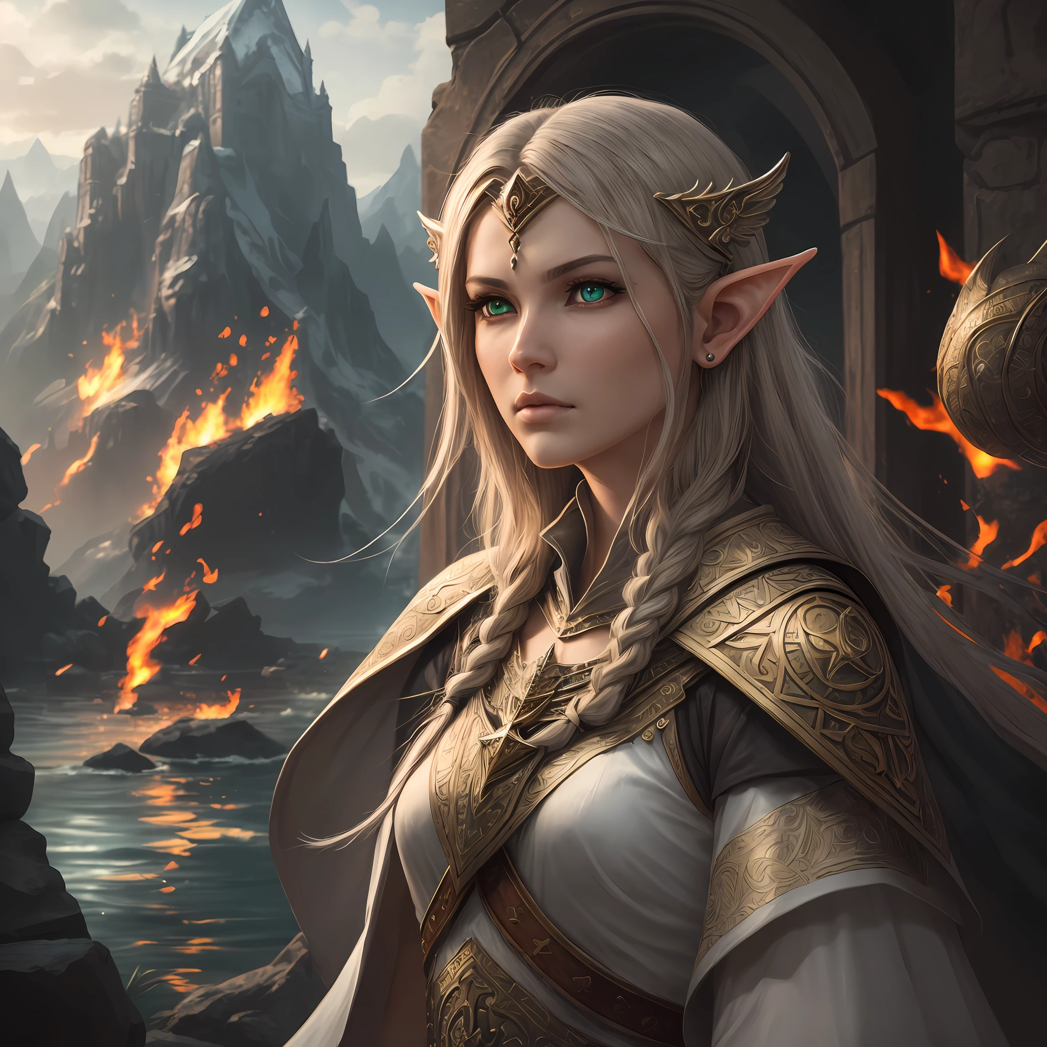 arafed, high details, best quality, 8k, [ultra detailed], masterpiece, best quality, (extremely detailed), dynamic angle, ultra wide shot, RAW, photorealistic, fantasy art, d&d art, a wide angle picture of a half elf cleric in  a temple near the lake, female, half elf (Masterpiece 1.5, intense details), black haired, green eyes, slightly pointed ears, braided hair, long hair (Masterpiece, intense details), cleric, templar (1.3 Masterpiece, intense details dnd art), casting a spell (1.4 Masterpiece, intense details dnd art), wearing white plate mail armor with sigils ( 1.5 Masterpiece, intense details), carrying flaming sword (Masterpiece 1.5, intense details), wearing white cloak with sigils (Masterpiece 1.4, intense details), holy symbol, standing near a lake (Masterpiece 1.5, intense details), dawn light, backlight, dynamic angle, reflection (1.5 Masterpiece, intense details) glowing light, high details , ray tracing, reflection light, silhouette, wide shot, panorama, Ultra-Wide Angle, high detail, award winning, best quality, HD, 8K, 3D rendering, high details, best quality, highres, ultra wide angle, 3D rendering, [[anatomically correct]]
