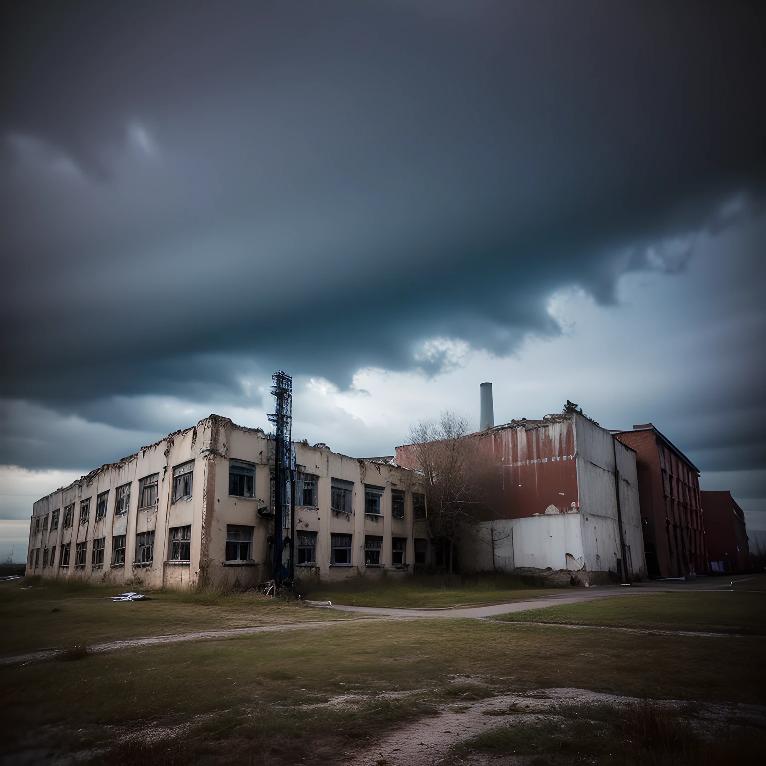 Create a high resolution hyper realistic image of a abandoned factory under a stormy sky. The factory should be surrounded by rusty machinery and broken windows . The sky should be a blend of blues and blacks with the factory silhouetted against the sky . Use a long exposure style to capture the desolation of the scene.       --style raw