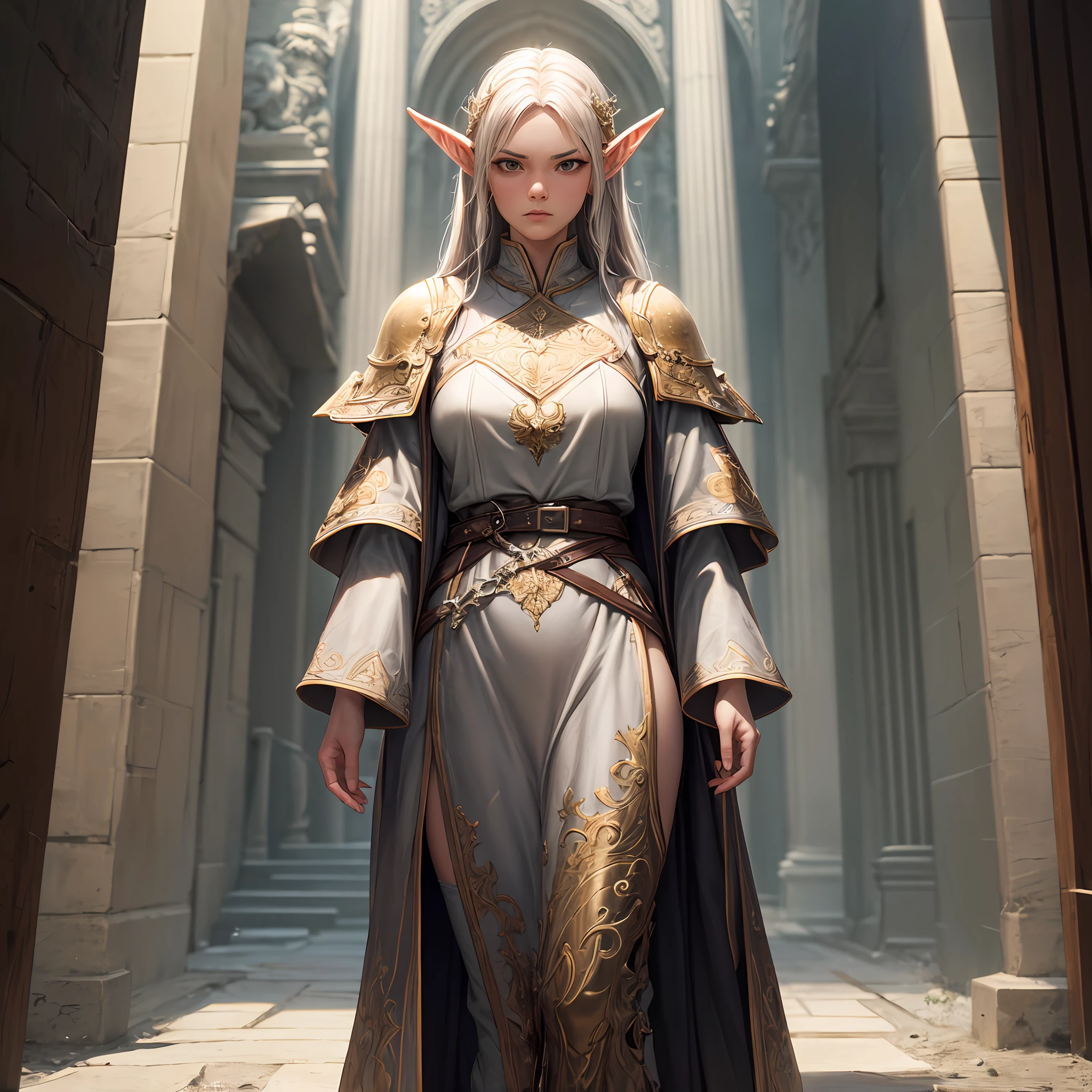 arafed, high details, best quality, 8k, [ultra detailed], masterpiece, best quality, (extremely detailed), dynamic angle, ultra wide shot, RAW, photorealistic, fantasy art, d&d art, a picture of a half elf cleric in  a temple near the lake, female, half elf (Masterpiece 1.5, intense details), black haired, green eyes, slightly pointed ears, braided hair, long hair (Masterpiece, intense details), cleric, templar (1.3 Masterpiece, intense details dnd art), casting a spell (1.4 Masterpiece, intense details dnd art), wearing white plate mail armor with sigils ( 1.5 Masterpiece, intense details), carrying flaming sword (Masterpiece 1.5, intense details), wearing white cloak with sigils (Masterpiece 1.4, intense details), holy symbol, standing near a lake (Masterpiece 1.5, intense details), dawn light, backlight, dynamic angle, reflection (1.5 Masterpiece, intense details) glowing light, high details , ray tracing, reflection light, silhouette, wide shot, panorama, Ultra-Wide Angle, high detail, award winning, best quality, HD, 8K, 3D rendering, high details, best quality, highres, ultra wide angle, 3D rendering, [[anatomically correct]]