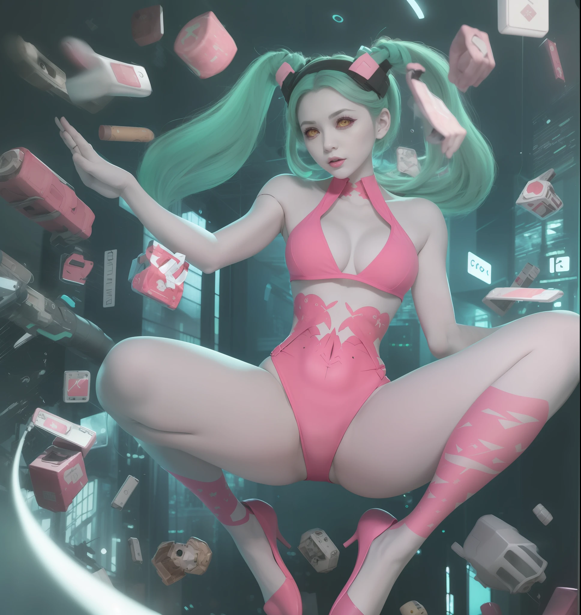 a cartoon picture of a woman with green hair and a pink top, holy cyborg necromancer girl, demon slayer rui fanart, anime monster girl, she has pale blue skin!!!, anime character; full body art, monstergirl, cel - shaded art style, made with anime painter studio, the anime girl is crouching, 2d art, cell shaded adult animation
