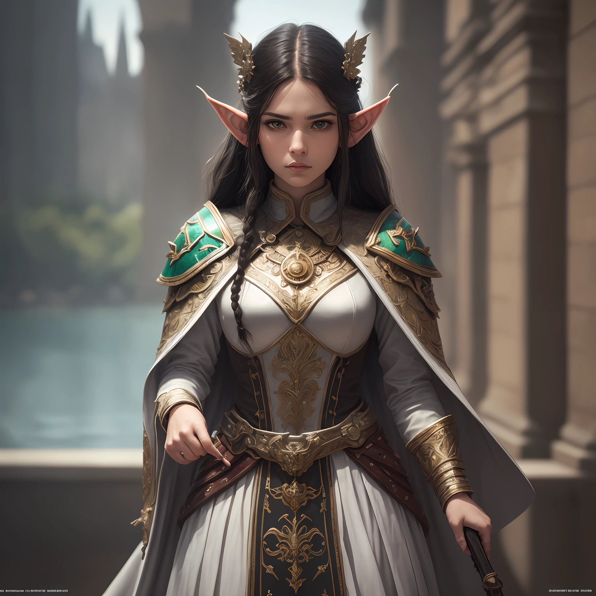 arafed, high details, best quality, 8k, [ultra detailed], masterpiece, best quality, (extremely detailed), dynamic angle, ultra wide shot, RAW, photorealistic, fantasy art, d&d art, female, half elf (Masterpiece 1.5, intense details), black haired, green eyes, slightly pointed ears, braided hair, long hair (Masterpiece, intense details), cleric, templar (1.3 Masterpiece, intense details dnd art), casting a spell (1.4 Masterpiece, intense details dnd art), wearing white plate mail armor with sigils ( 1.5 Masterpiece, intense details), carrying flaming sword (Masterpiece 1.5, intense details), wearing white cloak with sigils (Masterpiece 1.4, intense details), holy symbol, standing near a lake (Masterpiece 1.5, intense details), dawn light, backlight, dynamic angle, reflection (1.5 Masterpiece, intense details) glowing light, high details , ray tracing, reflection light, silhouette, wide shot, panorama, Ultra-Wide Angle, high detail, award winning, best quality, HD, 8K, 3D rendering, high details, best quality, highres, ultra wide angle, 3D rendering, [[anatomically correct]]