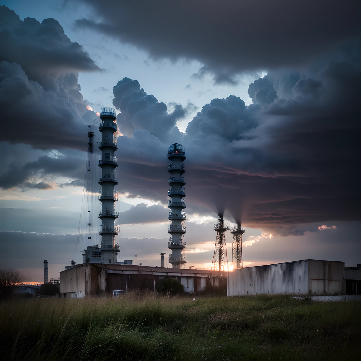 Create a high resolution hyper realistic image of a abandoned factory under a stormy sky. The factory should be surrounded by rusty machinery and broken windows . The sky should be a blend of blues and blacks with the factory silhouetted against the sky . Use a long exposure style to capture the desolation of the scene.       --style raw