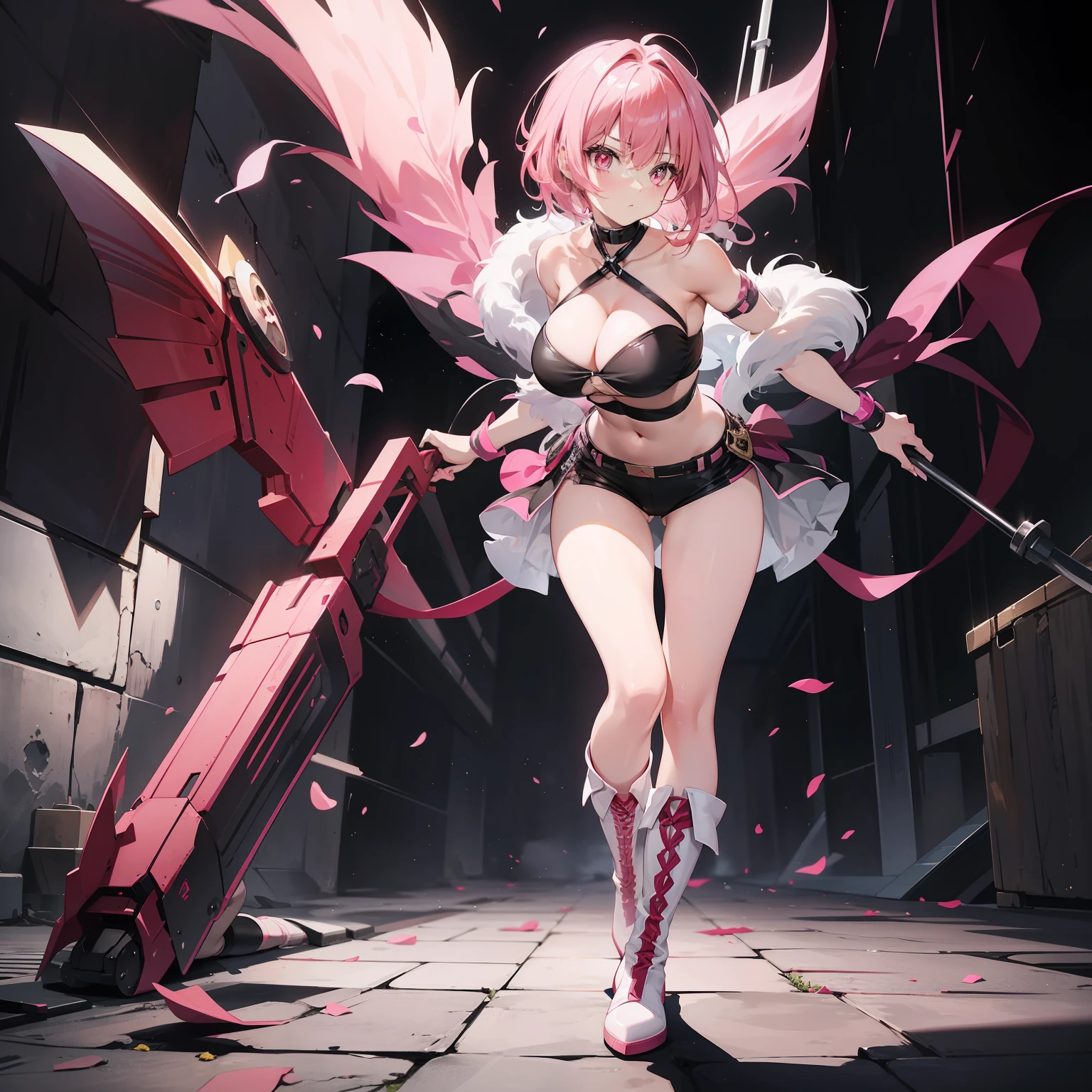 full body, 1 female, short pink hair, black pupils, pink eyes, big breasts, criss cross halter, white boots, big pink and black right hand fighting hammer
