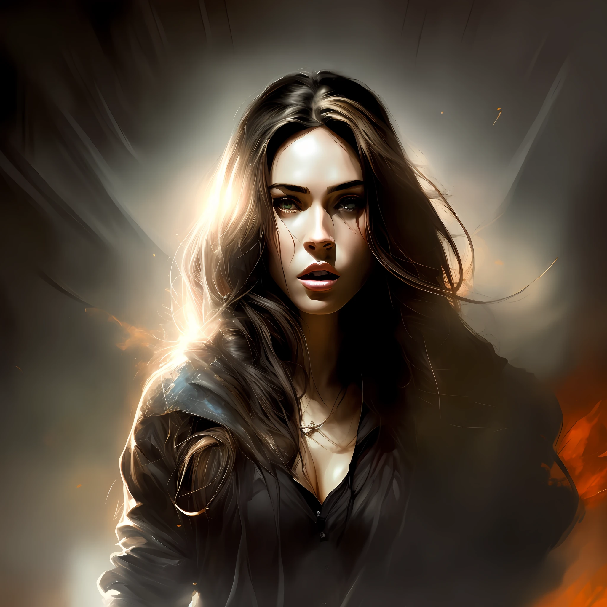 pintura de uma mulher com uma espada em um quarto escuro, bela arte digital, Estilo de Raymond Swanland, lindo pintura digital, portrait of megan fox as demon, pintura digital impressionante, epic digital art illustration, Pintura Digital de Luz Dura, arte digital impressionante, epic digital painting, Pintura Digital HD, Arte digital alucinante, lindo arte digital, estilo pintura digital, cinematic digital painting