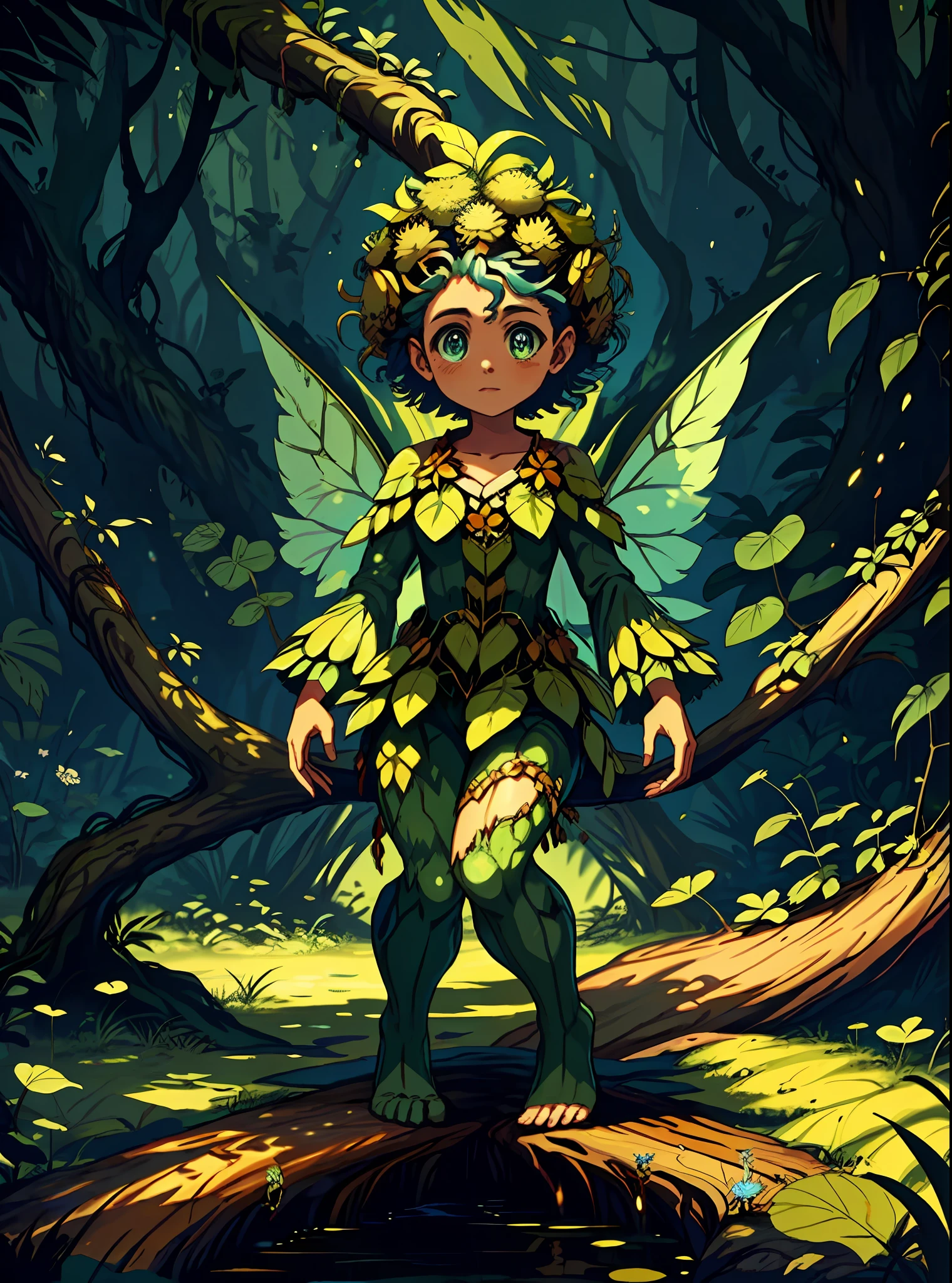 Fairy, brown and green fairy wings, forest green afro hairstyle, brown bark armor, feet turning to roots burrowing into the ground, magical forest, masterpiece, best quality