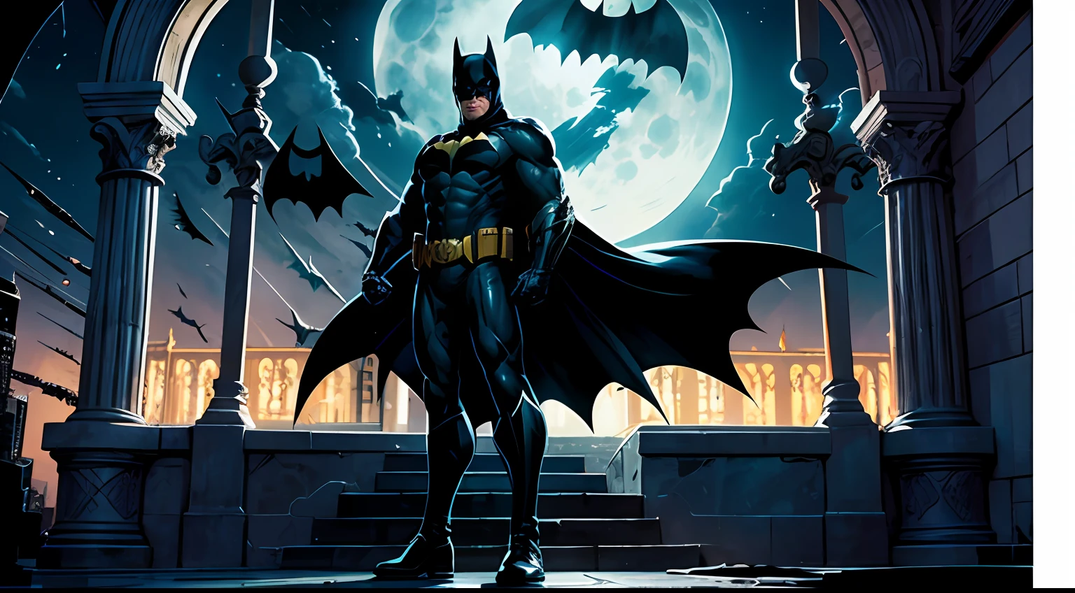 Batman character on the terrace of a church under the moon with comic book style dash --auto