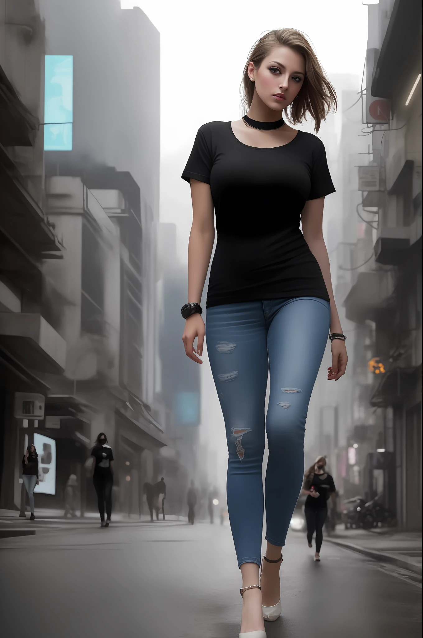 erotic oil painting of jenna, a woman (walking on the street), (((black round neck plain Tee-shirt full length tee-shirt ))), perfect thighs, ((cleavage)), (cyberpunk street background), atmospheric lighting, cinematic composition, concept art, digital illustration, detailed, art by brian m viveros and maciej kuciara and mark keathley, natural light, 4K, high-detail, ((perfect eyes)), (detailed pupils), (wearing black jeans)