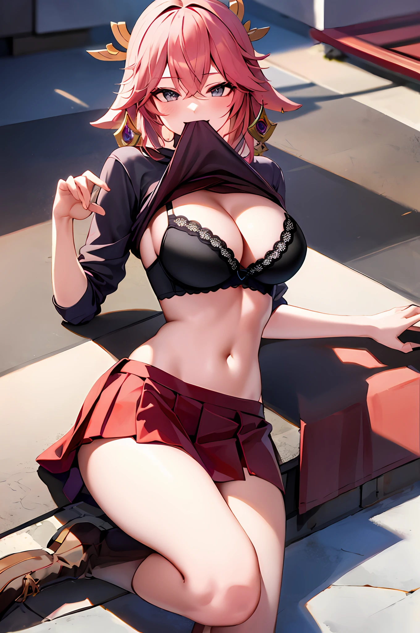 1Yae miko, large breasts,clothes in mouth, cleavage, navel, t-shirt, ((bra)),clothes lift, shirt in mouth, skirt, lying, full Body,sexy body,sitting