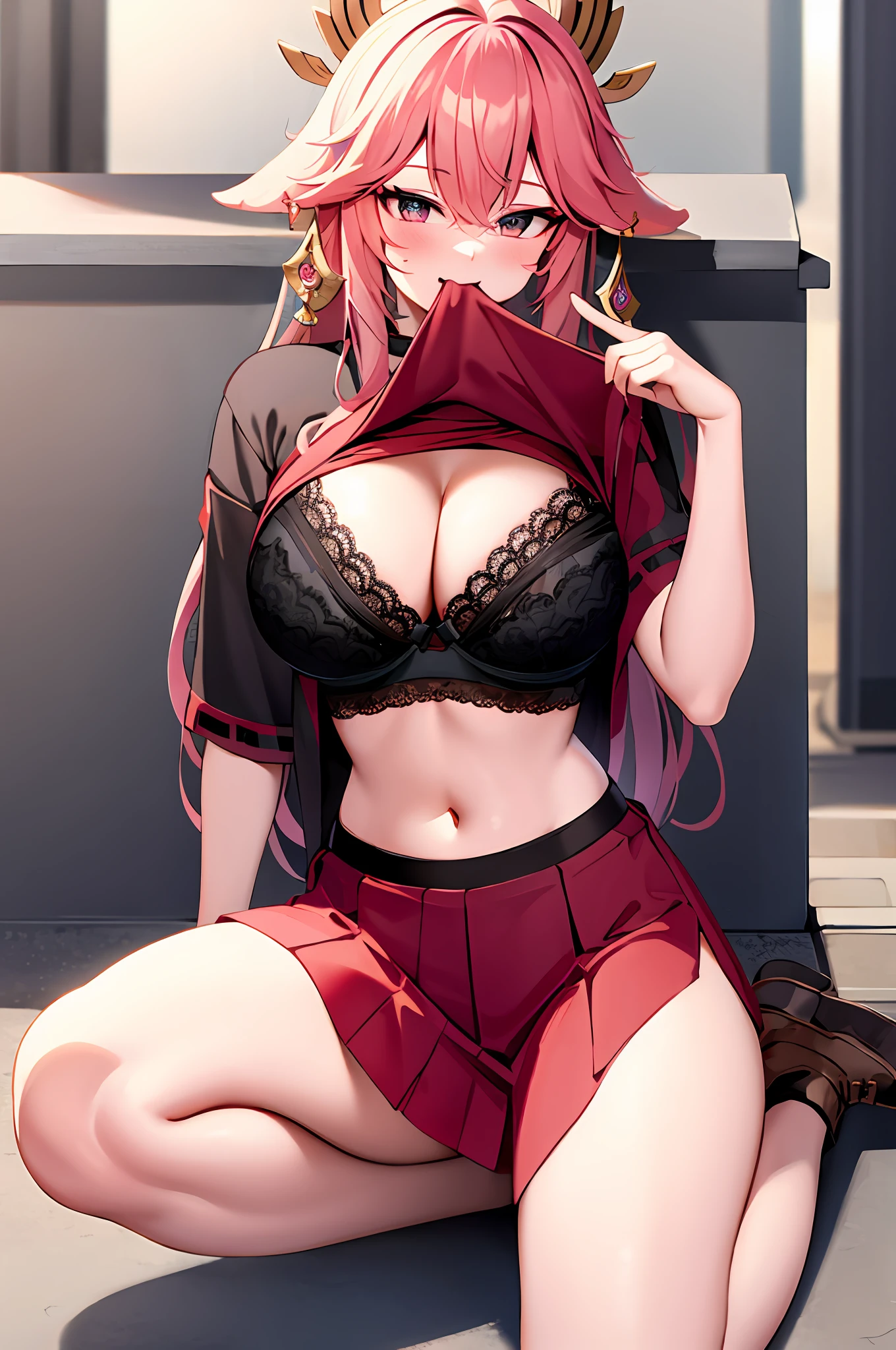 1Yae miko, large breasts,clothes in mouth, cleavage, navel, t-shirt, ((bra)),clothes lift, shirt in mouth, skirt, lying, full Body,sexy body,sitting