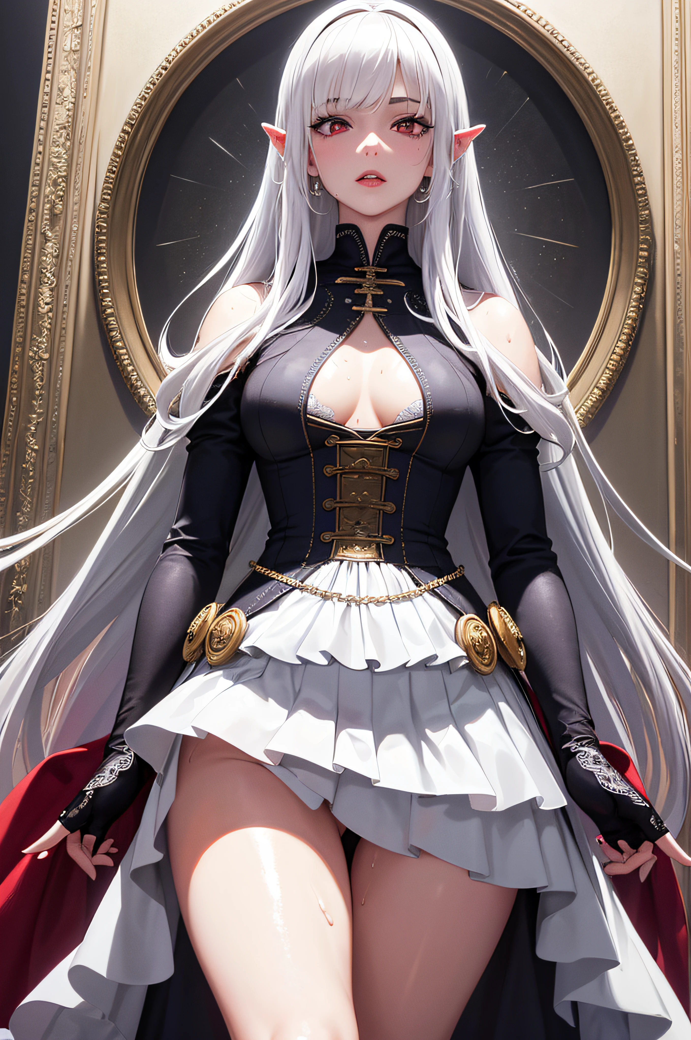 (masterpiece, top quality, best quality, official art, beautiful and aesthetic:1.2), (1girl:1.3), (fractal art:1.3),absurd, masterpiece, best quality, realistic, hyper-detailed, (shiny skin, sweaty:1.4), looking at viewer, slender, 1girl, solo,  white sneakers, white miniskirt, straight long hair, princess cut, purple hair, red eyes, (thick thighs:0.5), dynamic lighting, high resolution, sharp focus, depth of field, small breasts,vampire,  masterpiece, best quality, ultra-detailed, illustration, ultra-detailed face, best quality face, evil, 30 years old, adult, 1girl, 30 years old,  no human, white hair, alchemy outfit, intricate detailed outfit, sexy pose, glowing red dress, cute, kawaii, digital art, finely detailed eyes