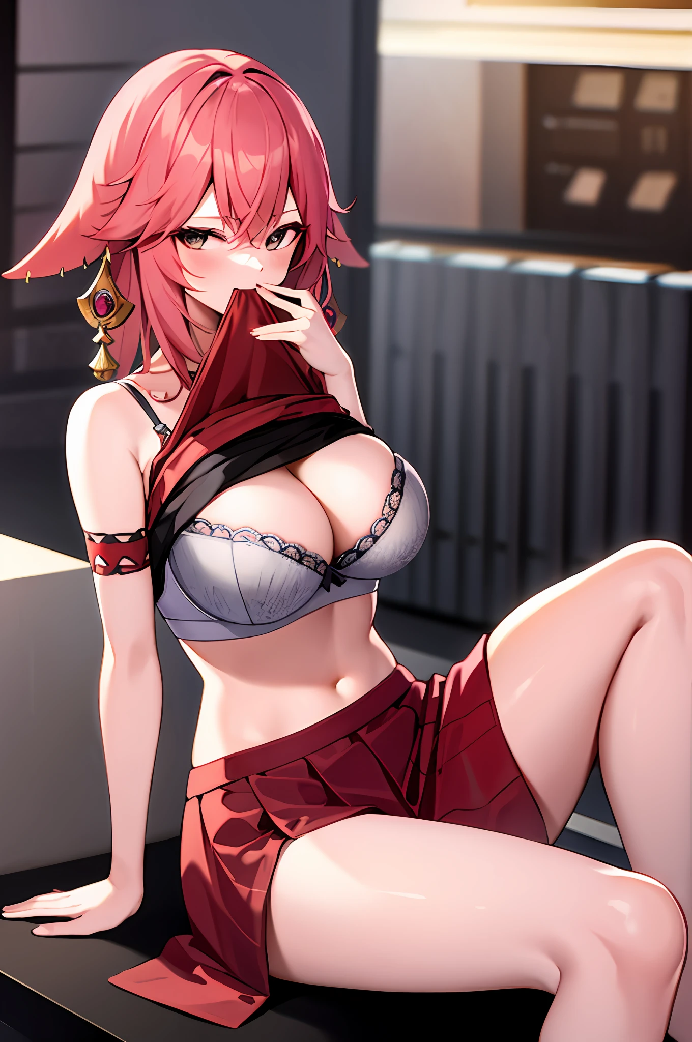 1Yae miko, large breasts,clothes in mouth, cleavage, navel, t-shirt, ((bra)),clothes lift, shirt in mouth, skirt, lying, full Body,sexy body,sitting